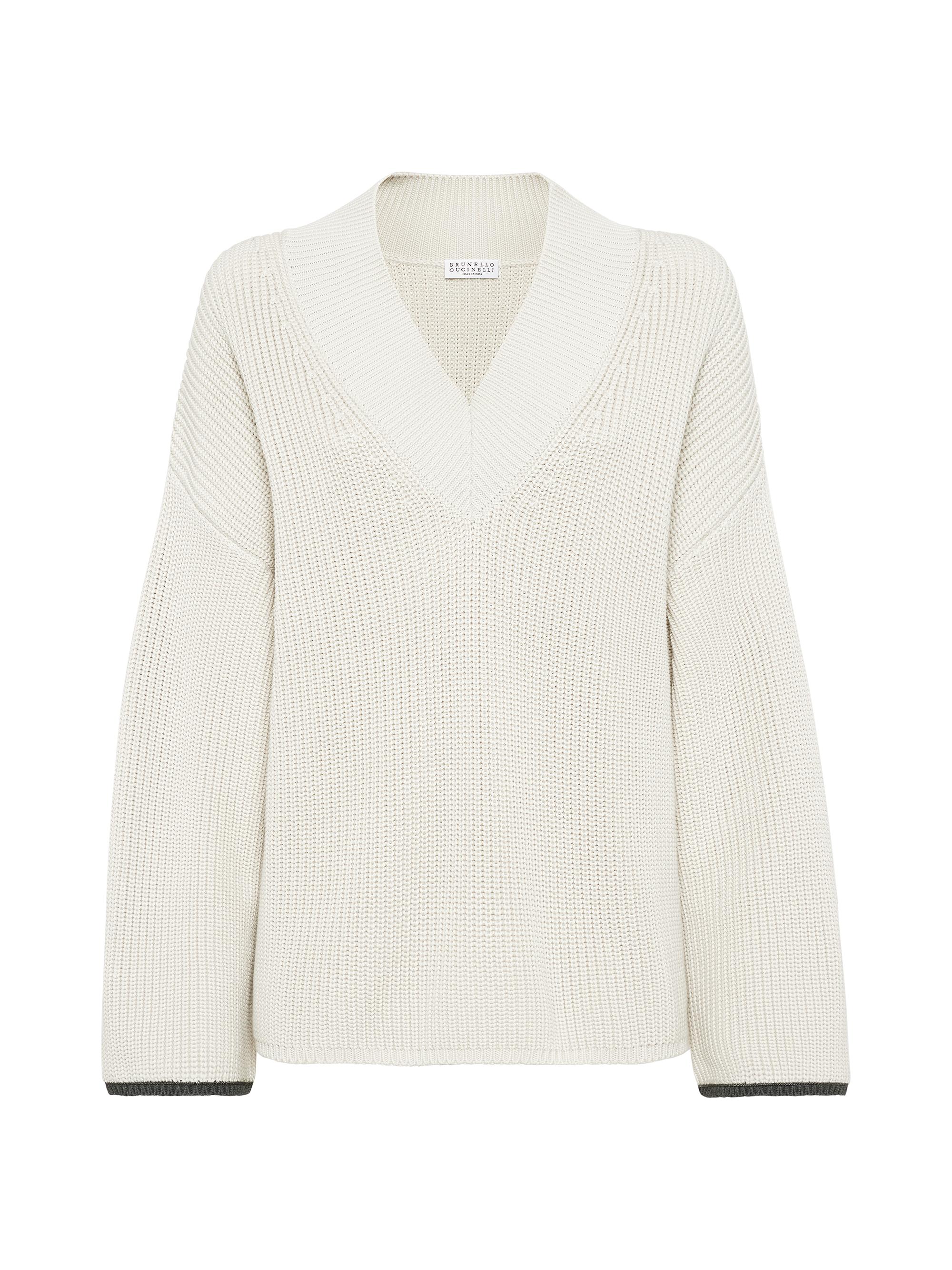 Brunello Cucinelli Women's Cotton English Rib Sweater with Shiny Contrast Cuffs - Butter