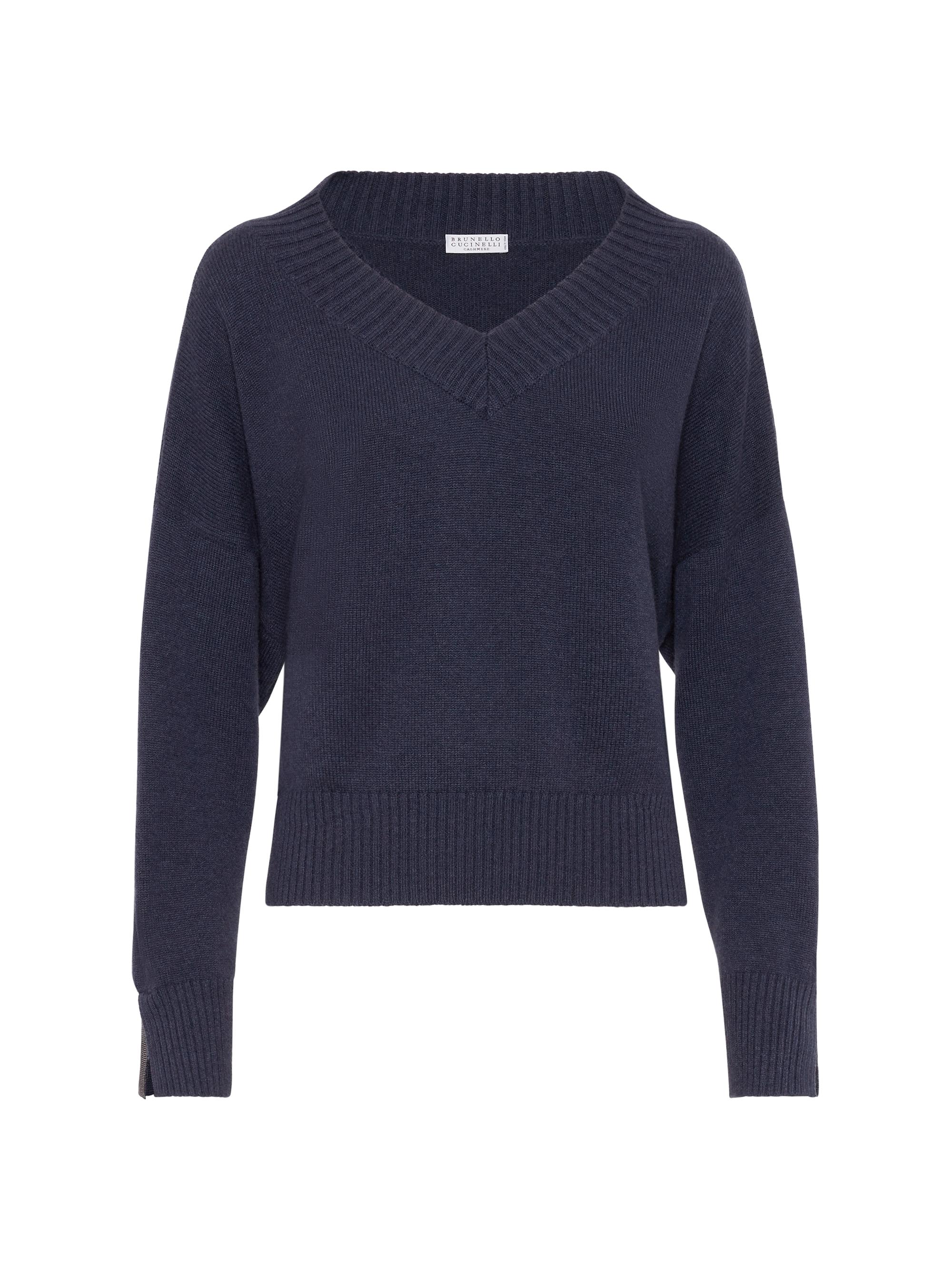 Brunello Cucinelli Women's Cashmere Sweater with Shiny Cuff Details - Navy Blue