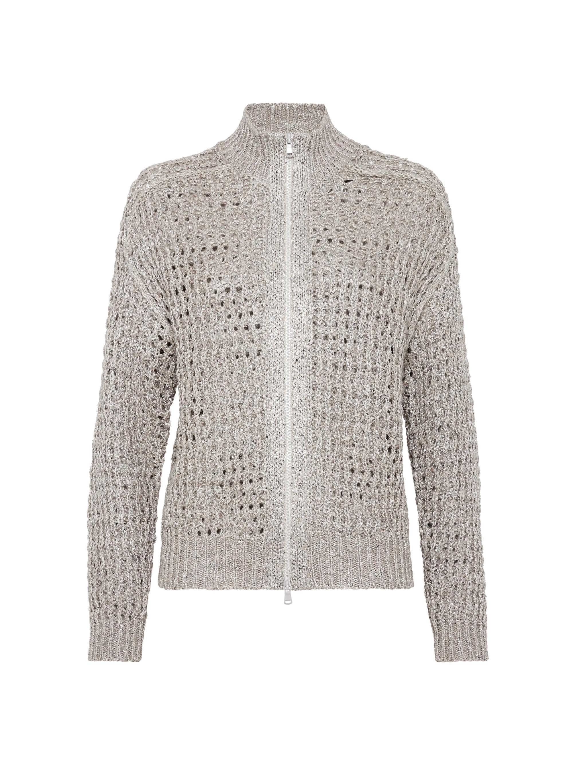 Brunello Cucinelli Women's Silk and Linen Rustic Dazzling Net Cardigan - Light Grey