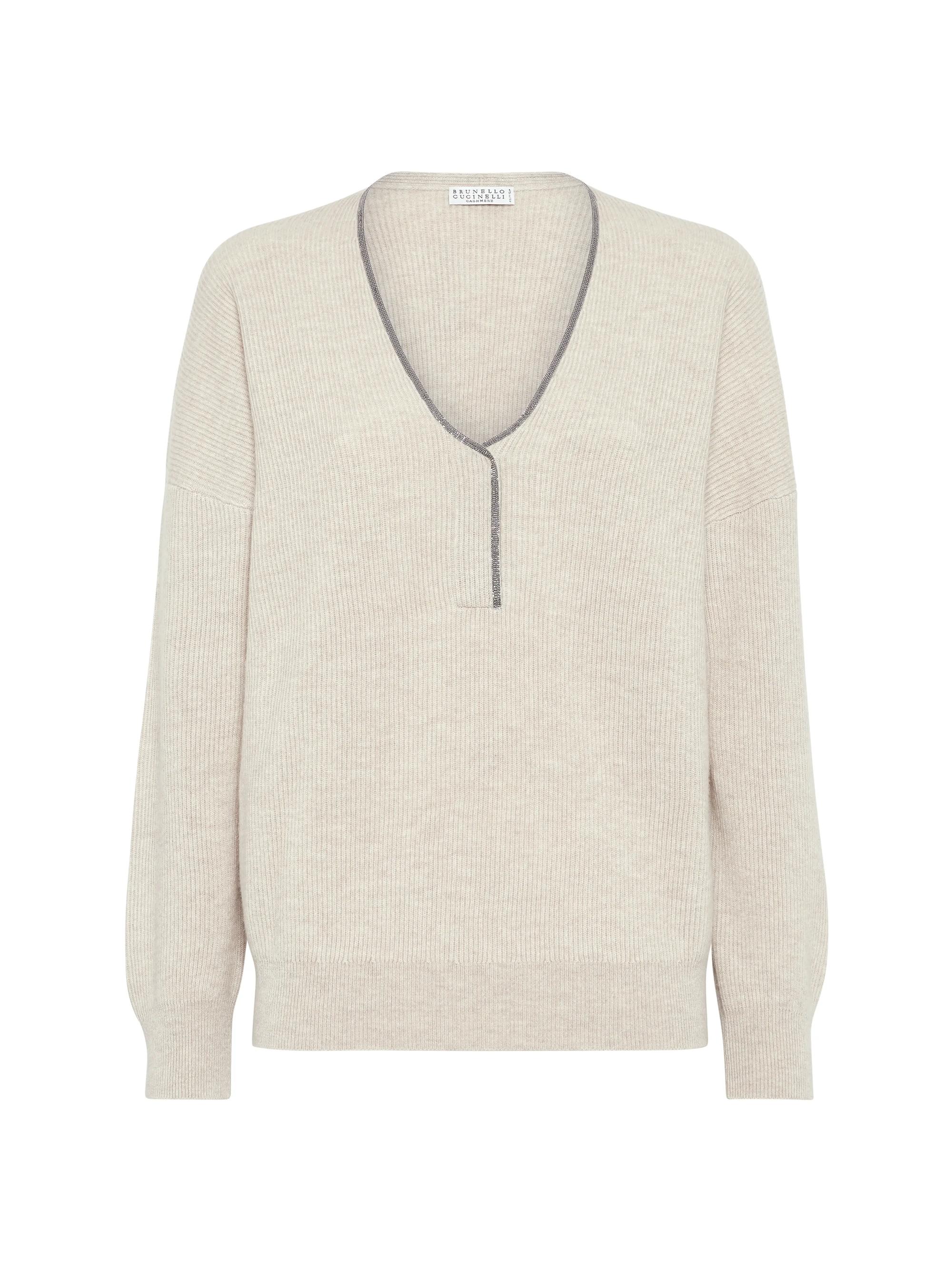 Brunello Cucinelli Women's Cashmere English Rib Sweater with Shiny Neckline - Warm Beige