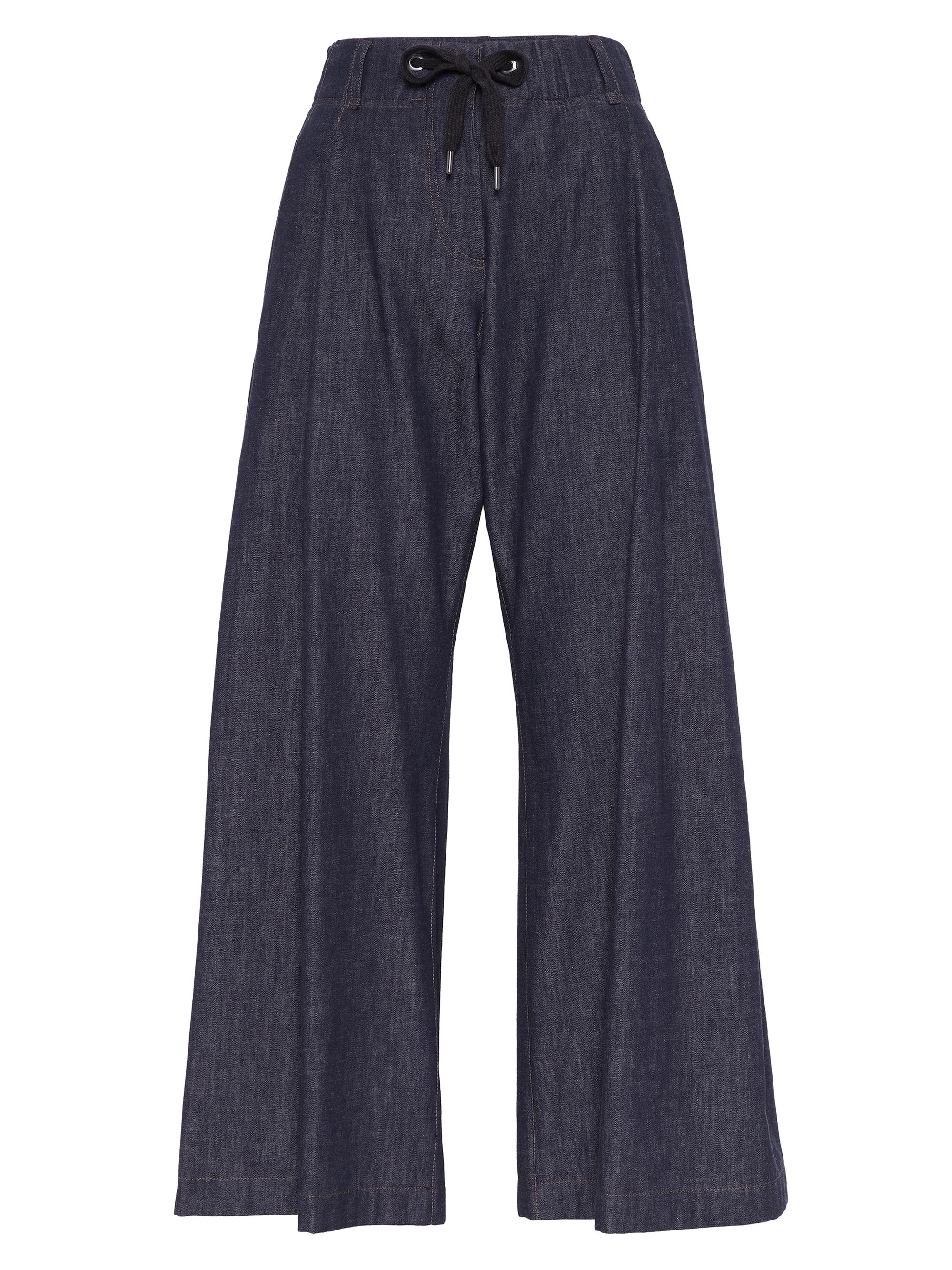 Brunello Cucinelli Women's No Fade Denim Wide Pleated Trousers with Shiny Tab - Dark Denim