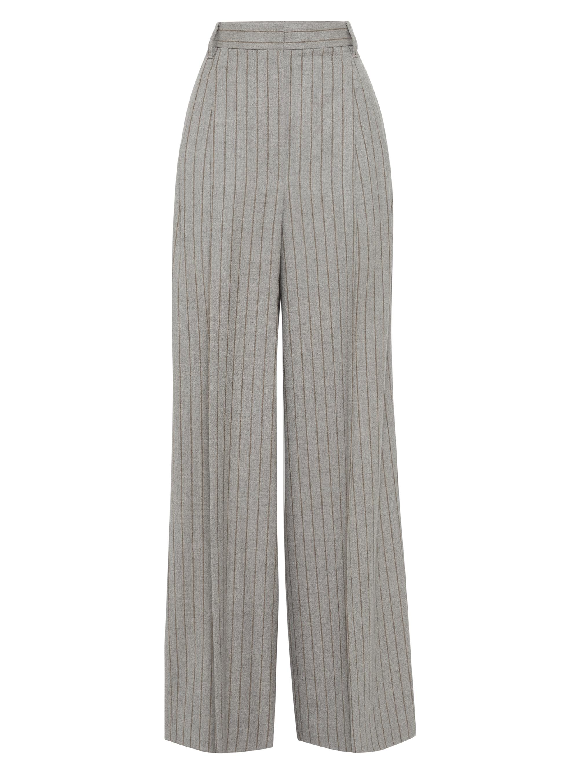 Brunello Cucinelli Women's Virgin Wool Moulin Chalk Stripe High Waist Wide Trousers with Monili - Taupe