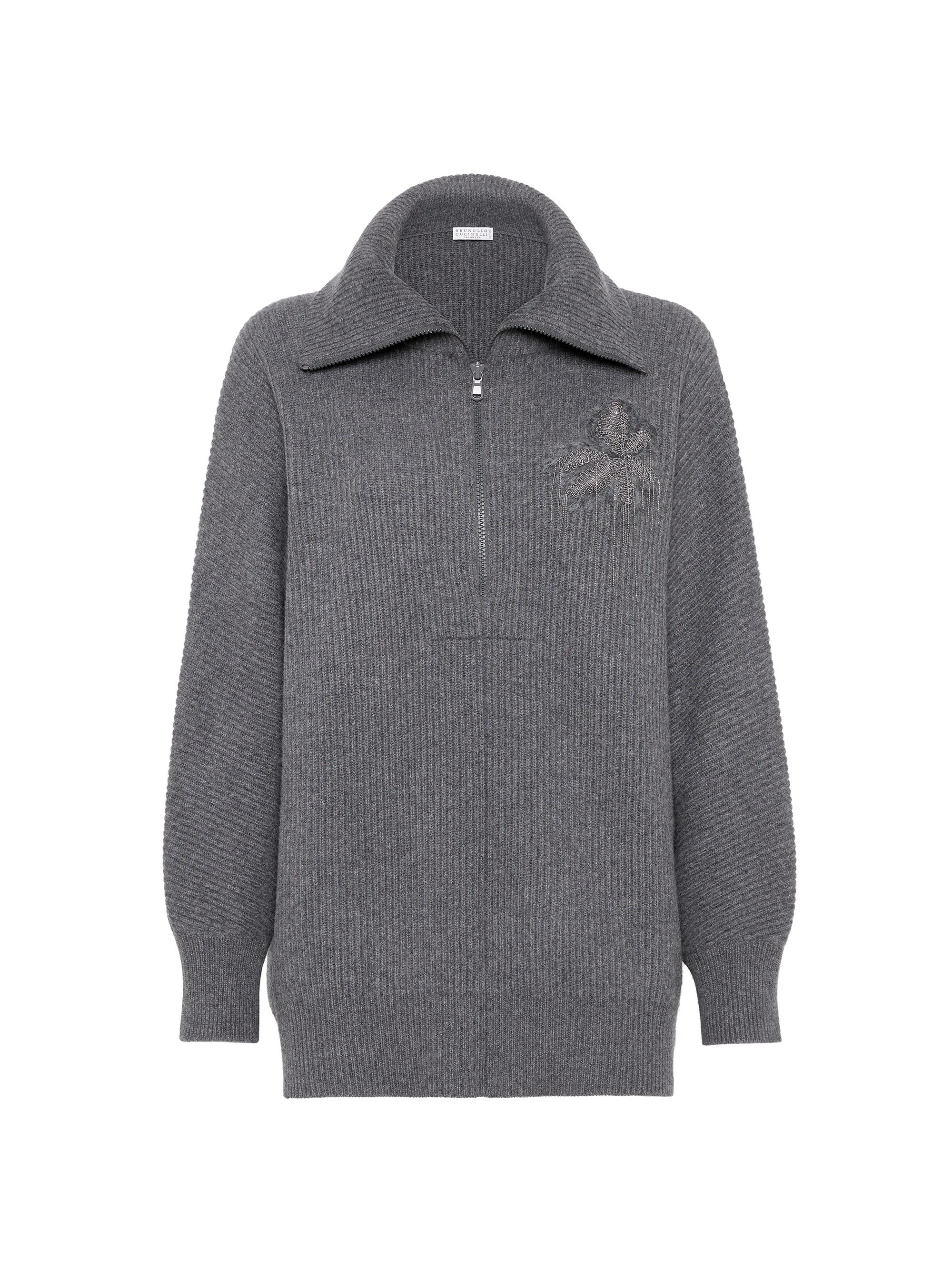 Brunello Cucinelli Women's Sweater with Half Zip and Precious Flower Crest - Lead