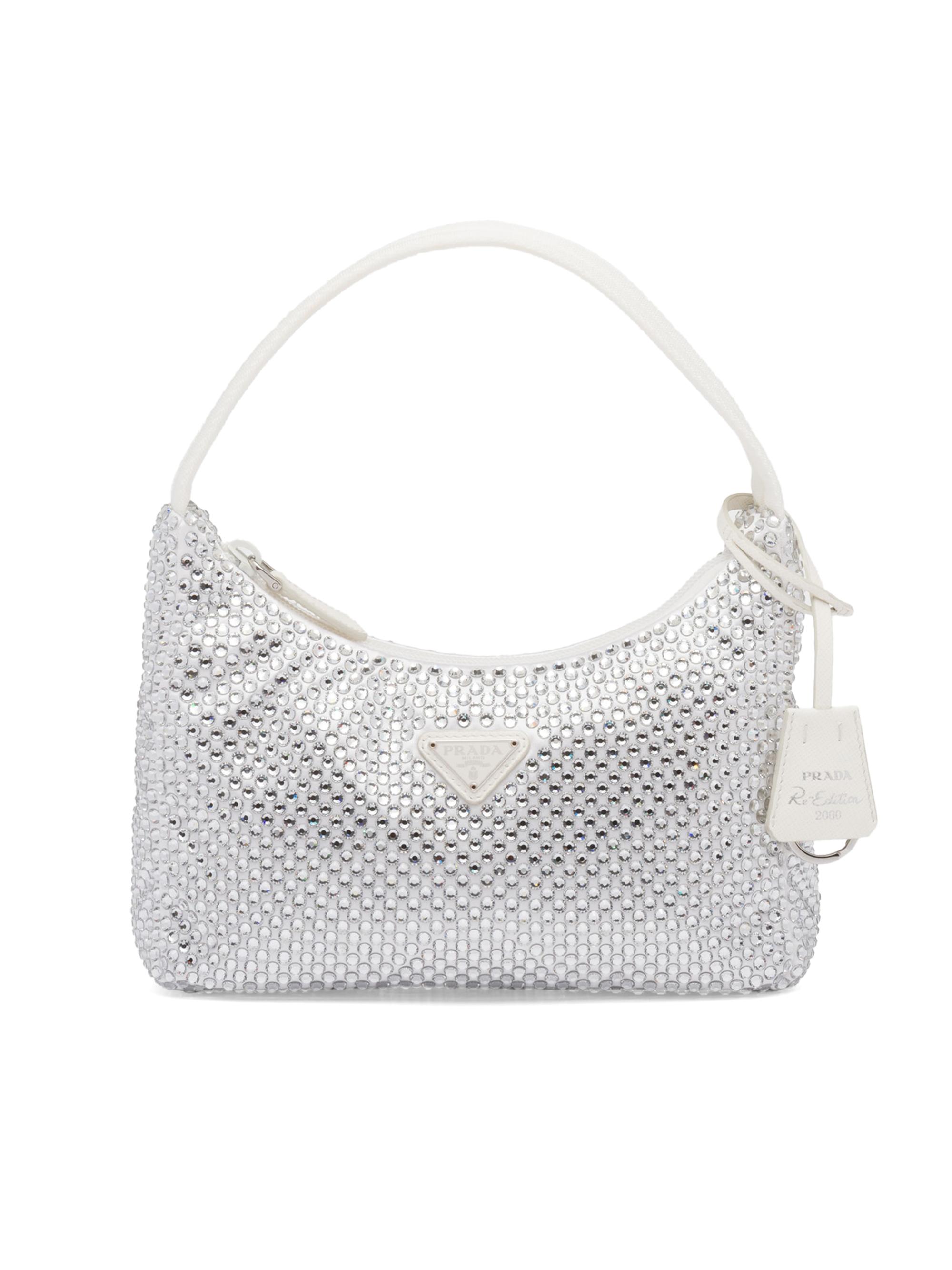 Prada Women's Satin Mini Bag with Artificial Crystals - Silver White