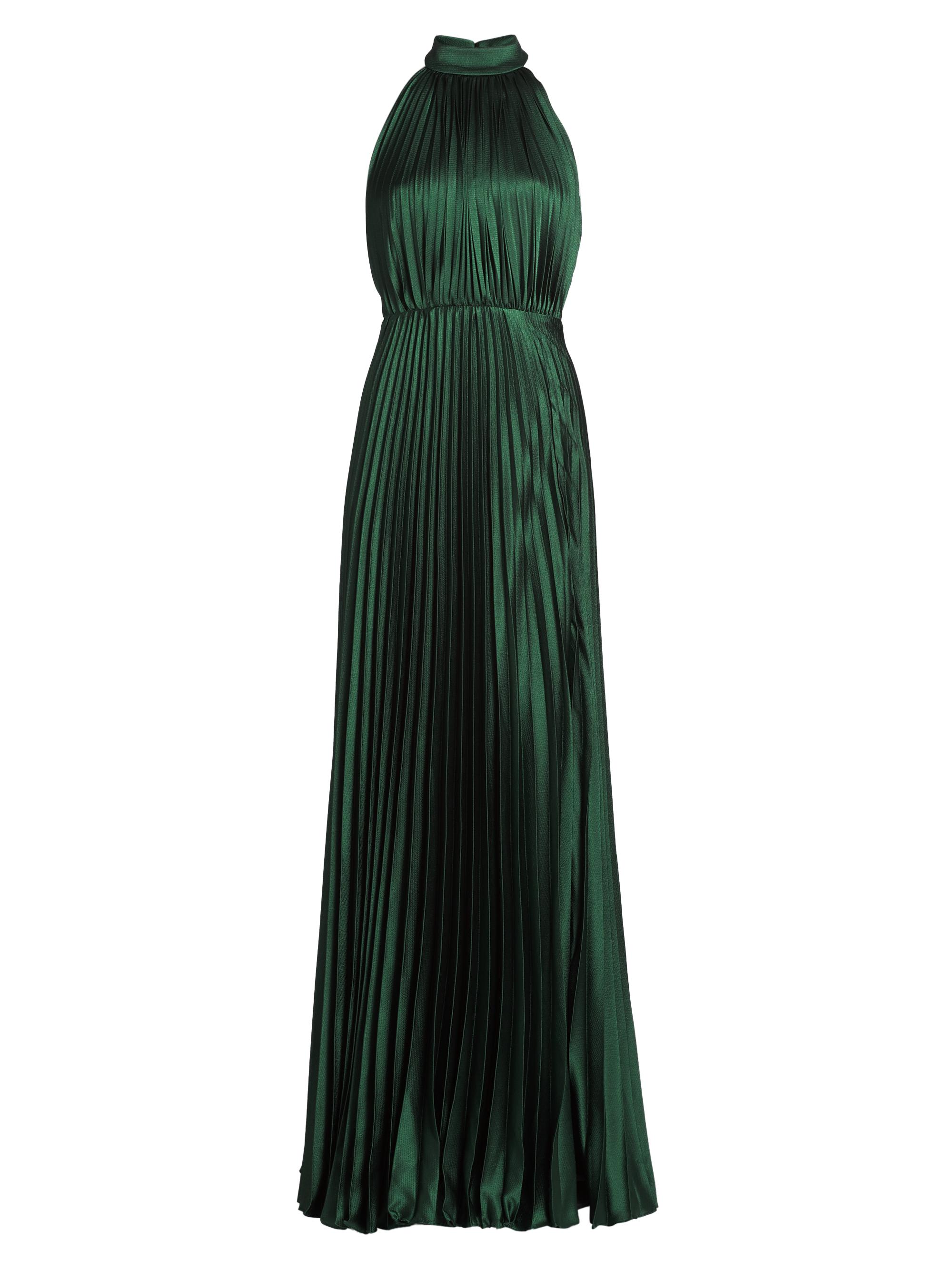 ML Monique Lhuillier Women's Jacqueline Satin Pleated Halter Gown - Deep Emerald