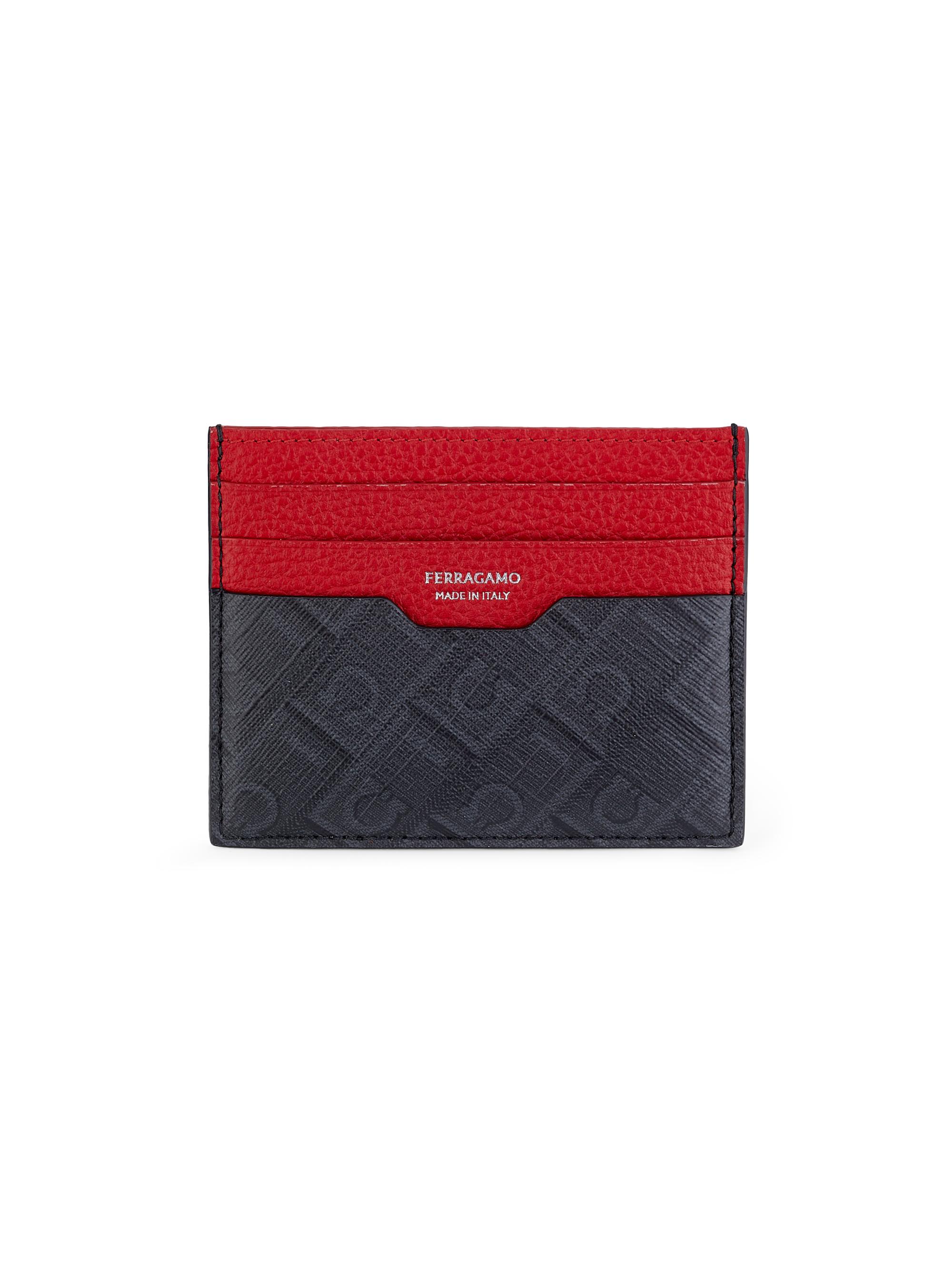FERRAGAMO Men's Monogrammed Colorblocked Leather Card Case - Nero Flame Red