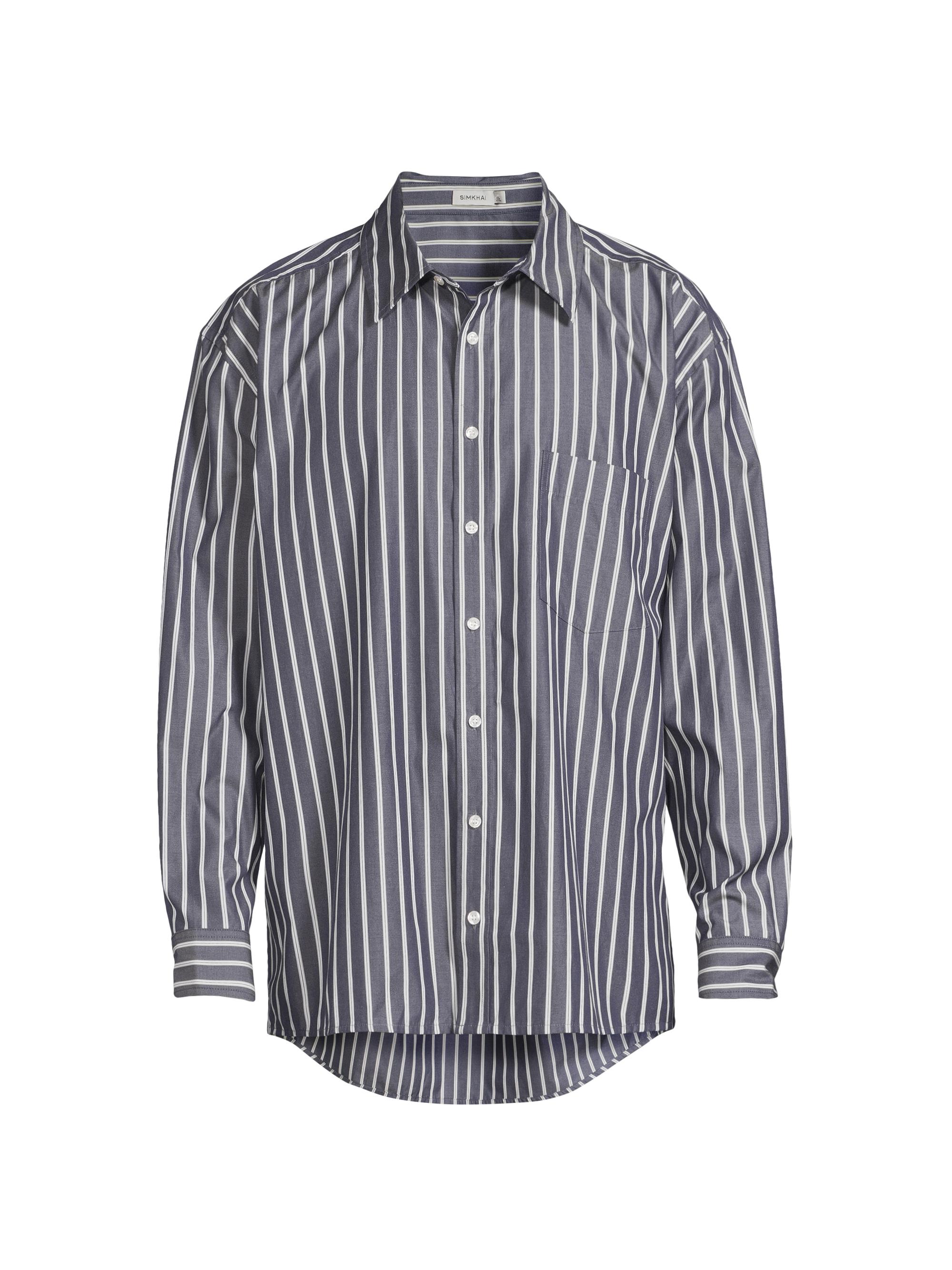 SIMKHAI Men's Khailed Striped Oversized Shirt - Navy Stripe