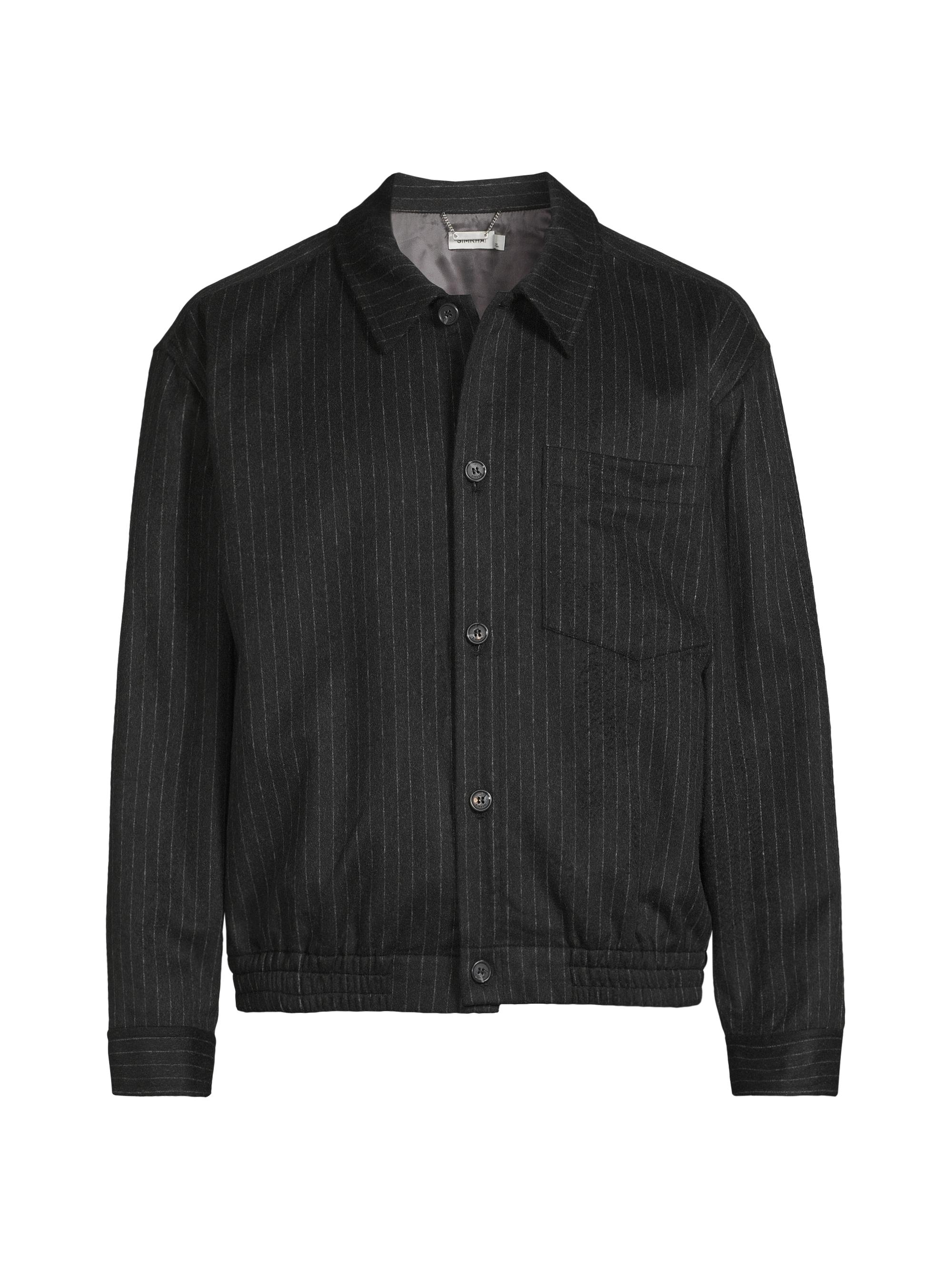 SIMKHAI Men's Ernie Wool-Cashmere Flannel Shirt Jacket - Charcoal Pinstripe