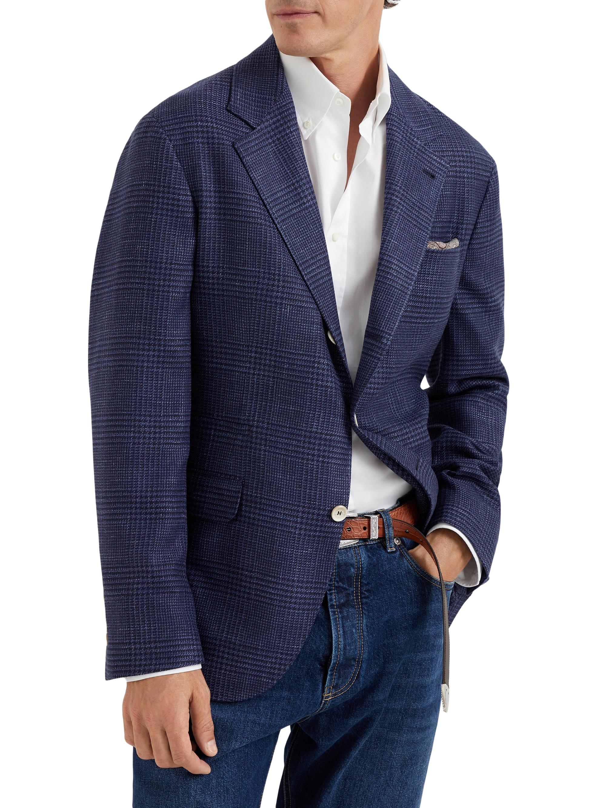 Brunello Cucinelli Men's Comfort Wool, Silk and Linen Prince of Wales Deconstructed Blazer - Blue