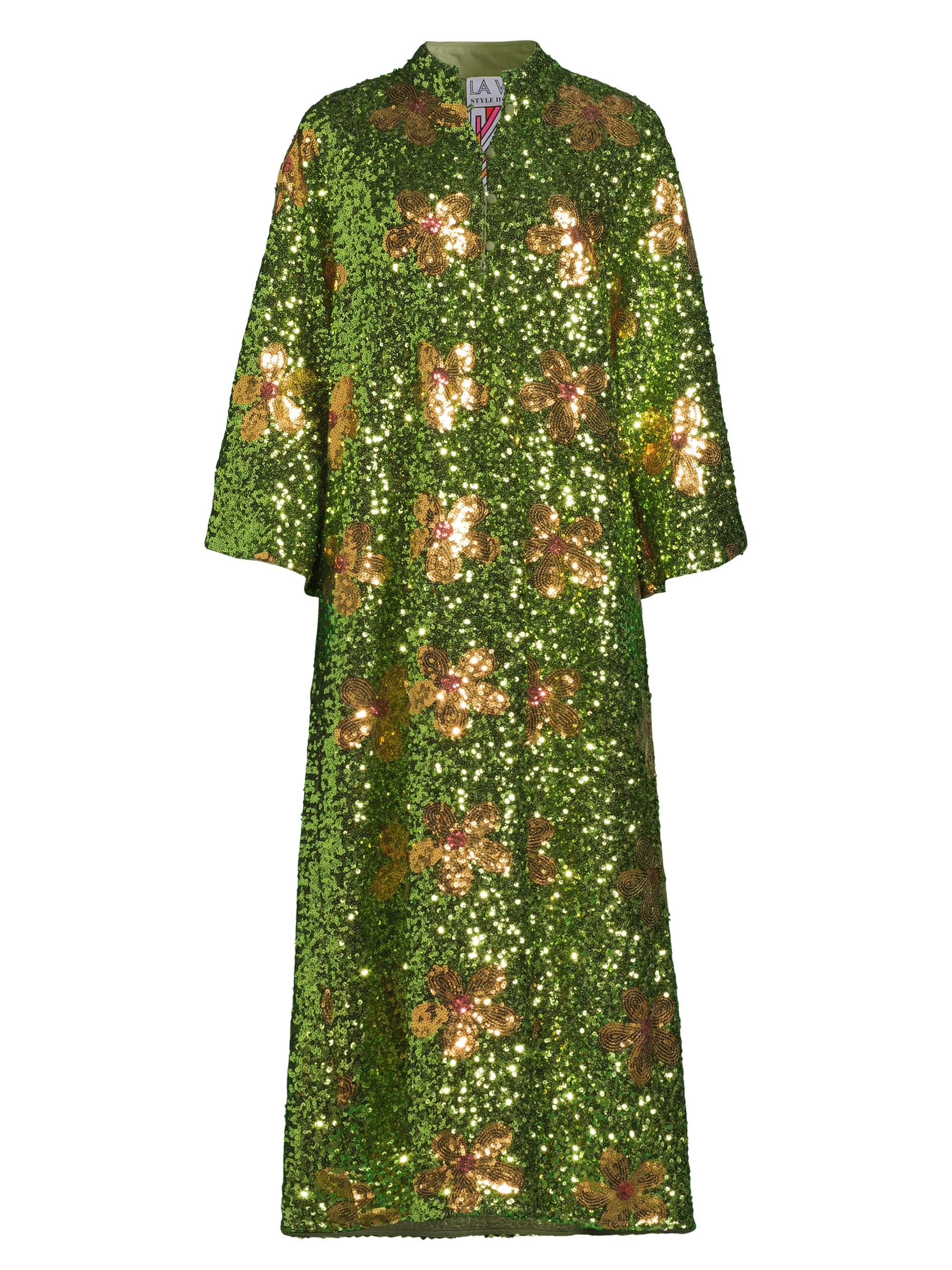 La Vie Style House Women's Floral Sequined Midi Caftan - Green Gold