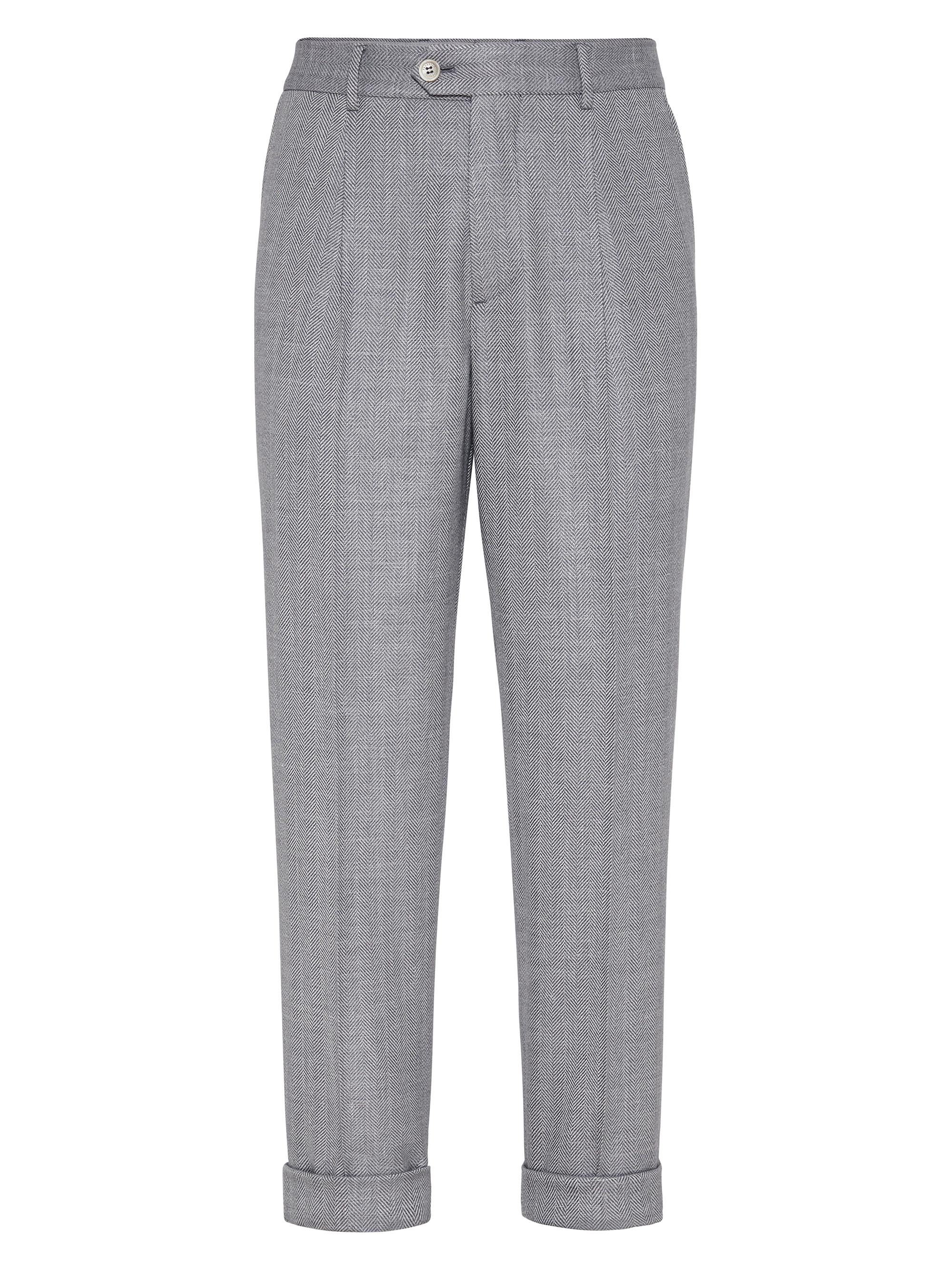 Brunello Cucinelli Men's Comfort Wool, Silk and Linen Chevron Leisure Fit Trousers - Medium Grey