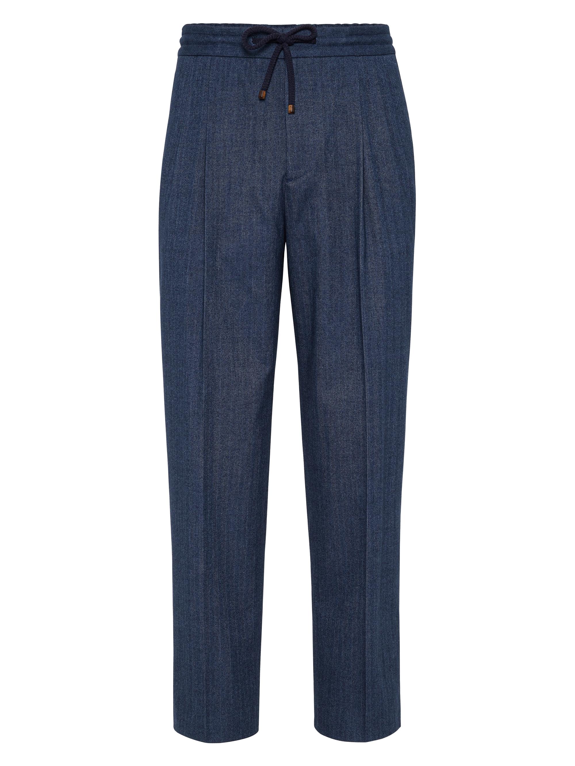 Brunello Cucinelli Men's Cotton Chevron Flannel Leisure Fit Trousers - Marine