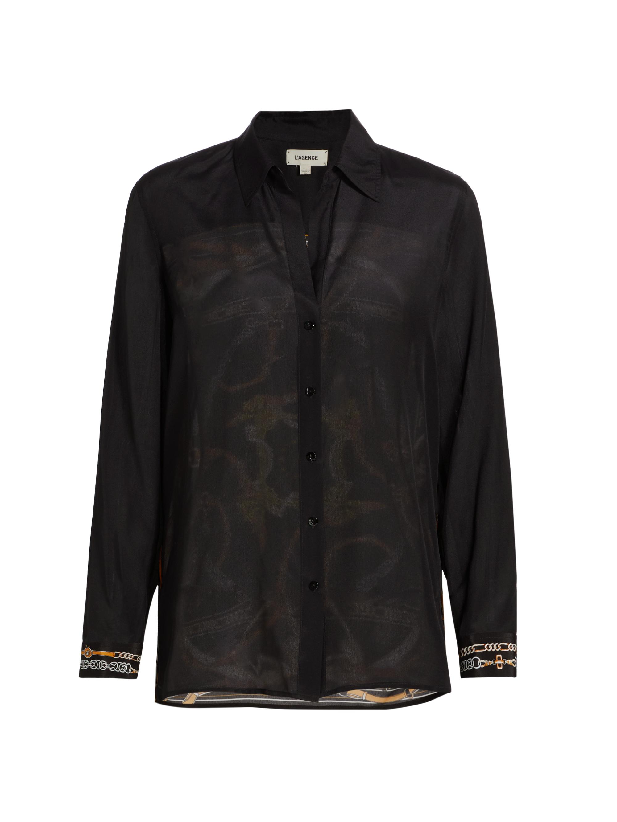 L'AGENCE Women's Gio Silk Blouse - Black Camel Buckle Scarf