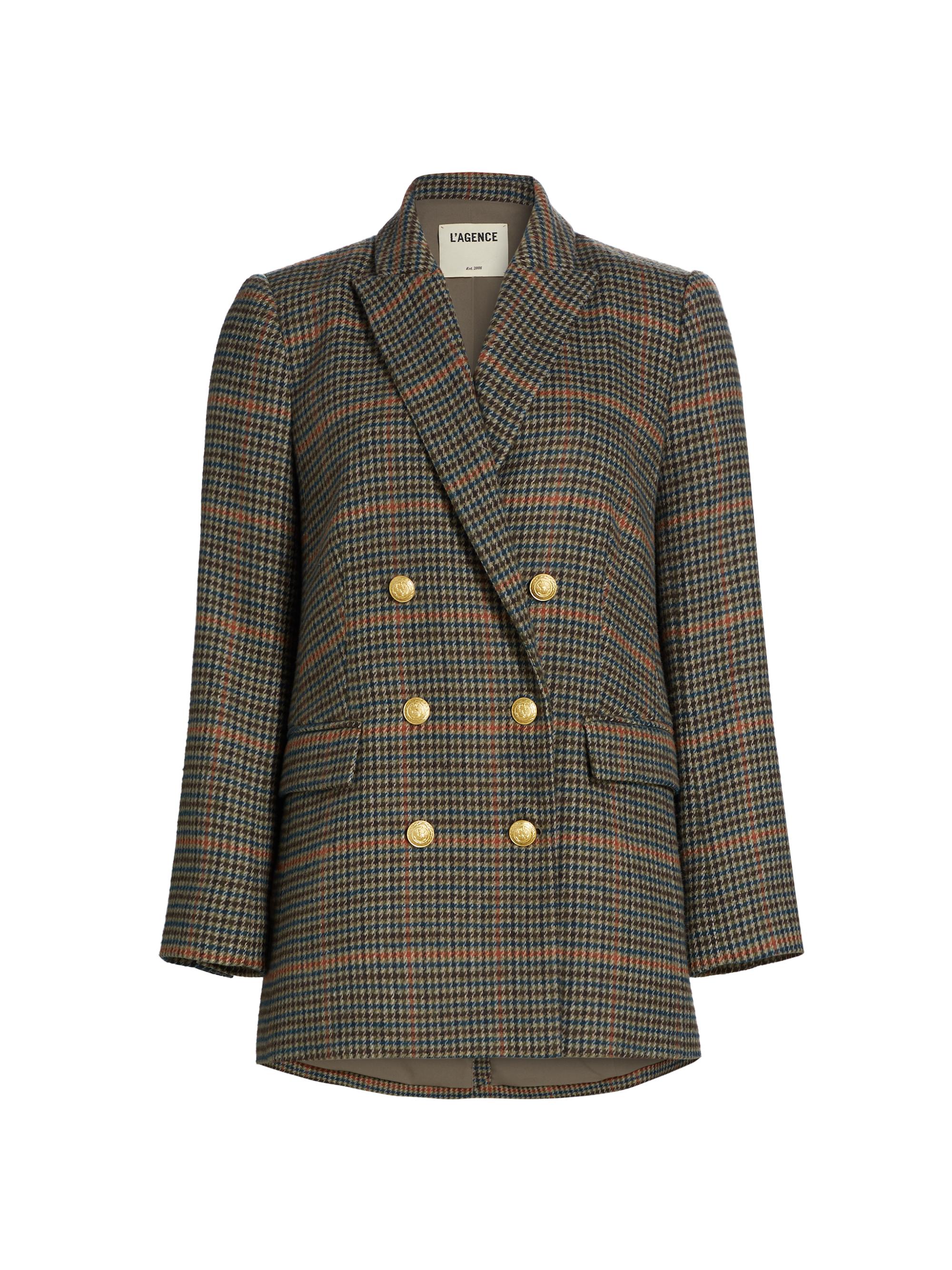 L'AGENCE Women's Aimee Relaxed Double-Breasted Blazer - Tan Teal Plaid