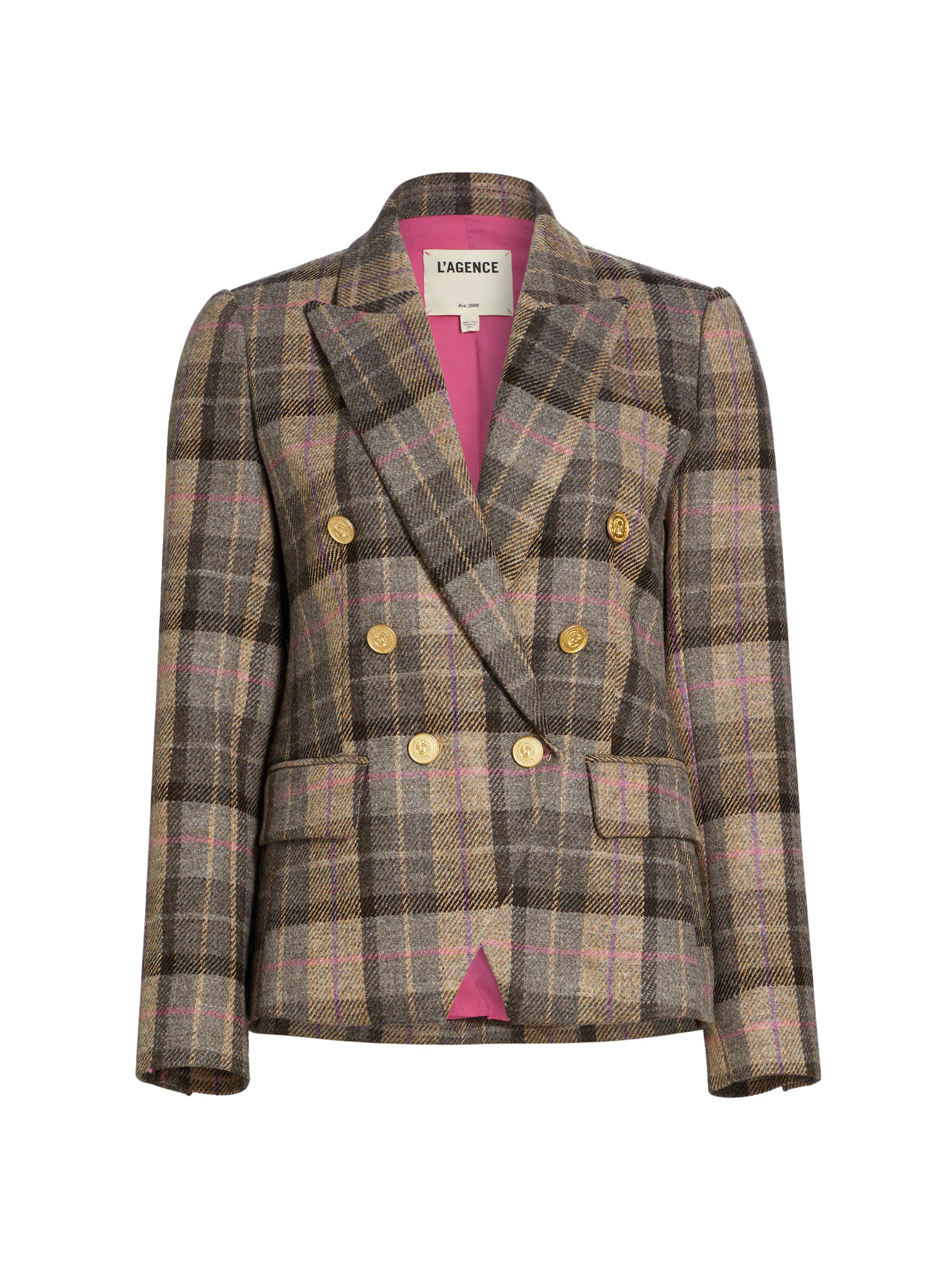 L'AGENCE Women's Kenzie Double-Breasted Blazer - Tan Pink Multi Plaid