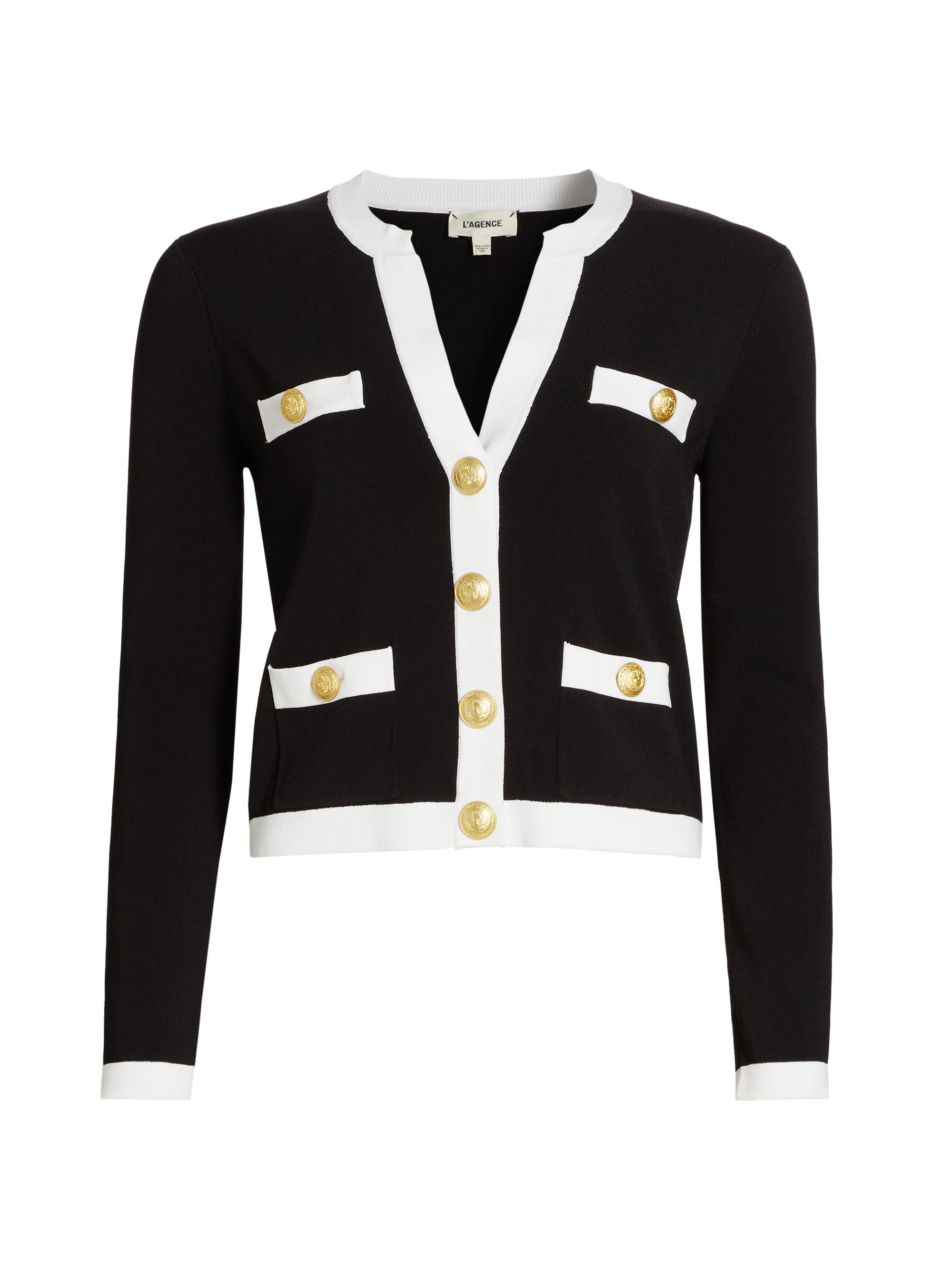 L'AGENCE Women's Estefania Contrast-Trim Cardigan - Black White