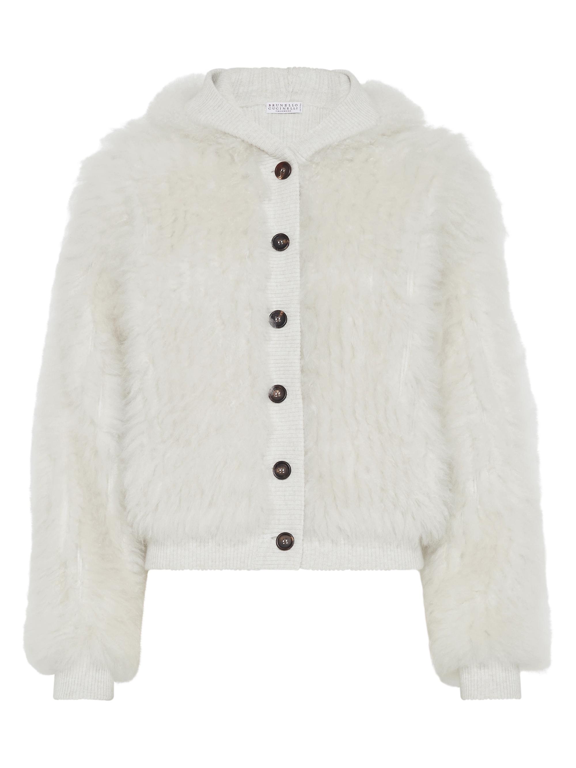 Brunello Cucinelli Women's Cashmere Hooded Cardigan with Shearling Inserts - Pearl Grey