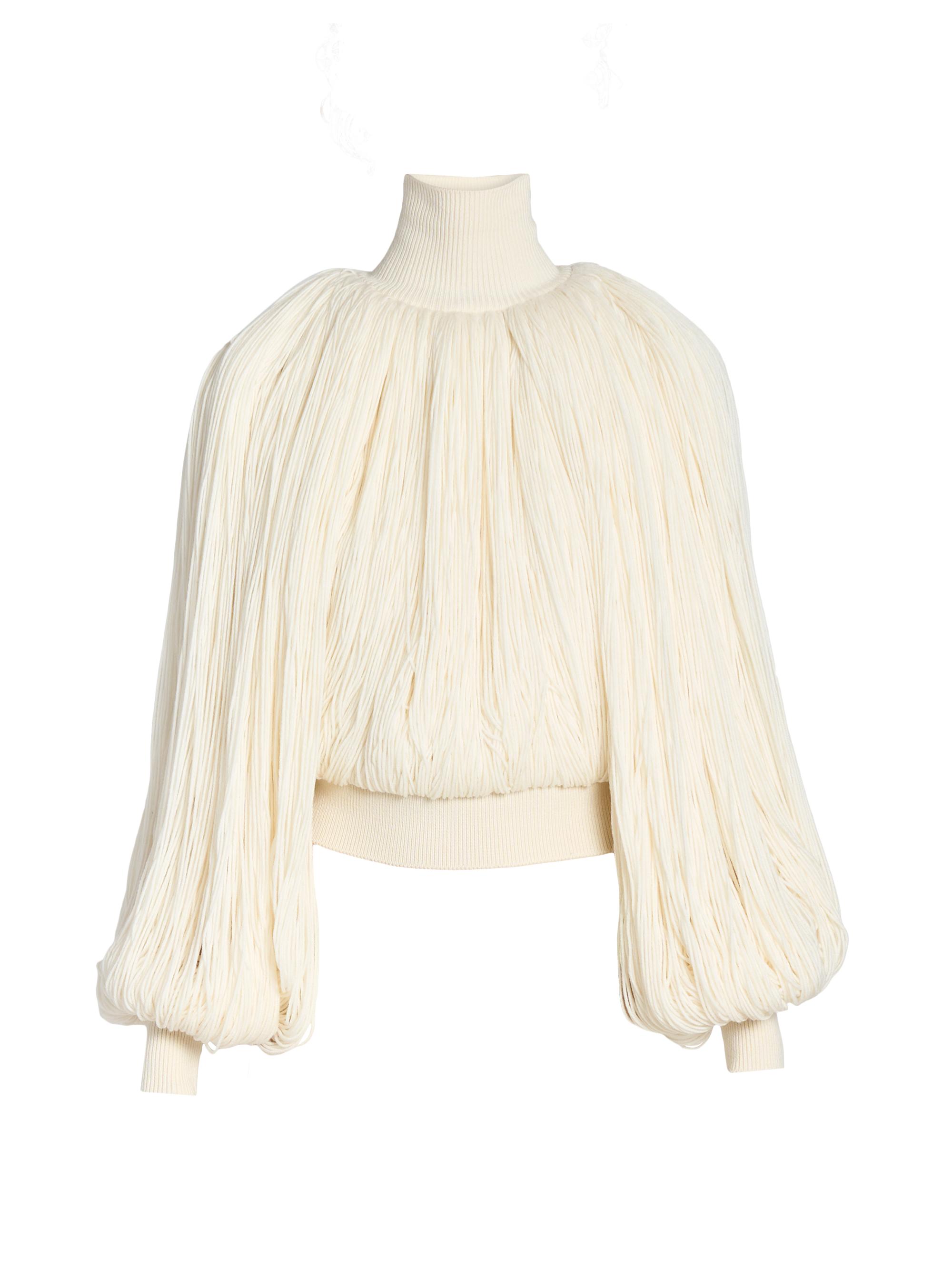 Alaïa Women's Fringes Wool Turtleneck Blouse - Blanc Casse