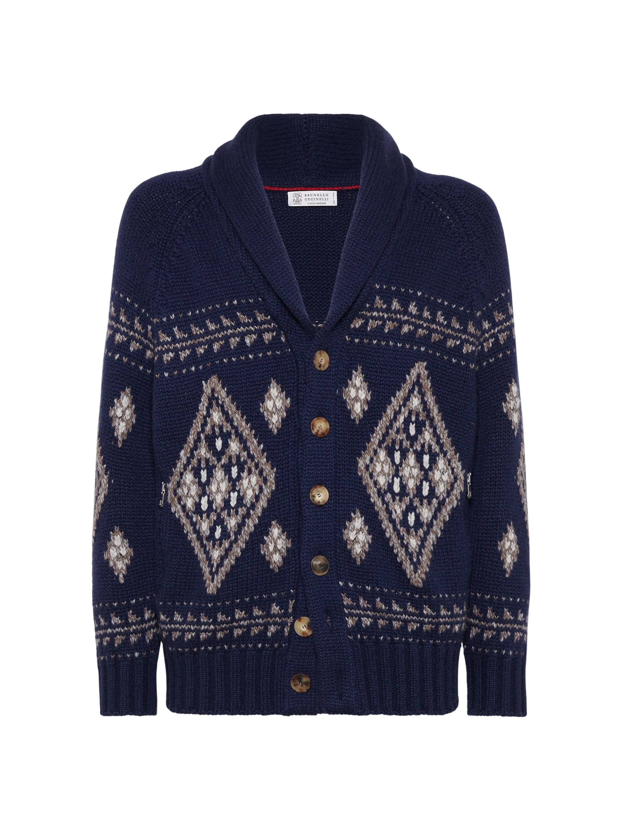 Brunello Cucinelli Men's Cardigan in Cashmere Feather Yarn with Shawl Collar - Indigo