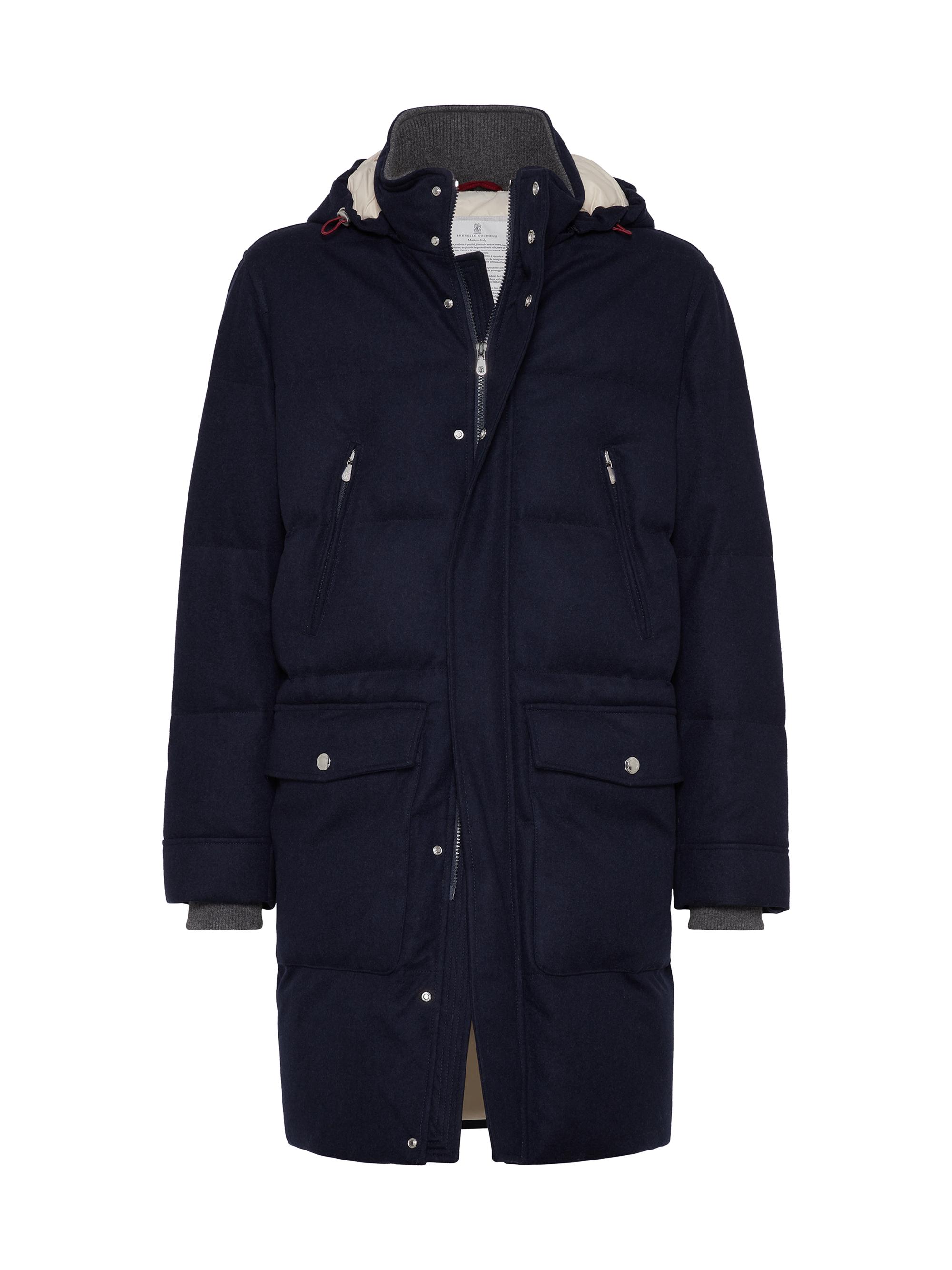 Brunello Cucinelli Men's Bonded Wool Flannel Down Coat with Detachable Hood - Blue