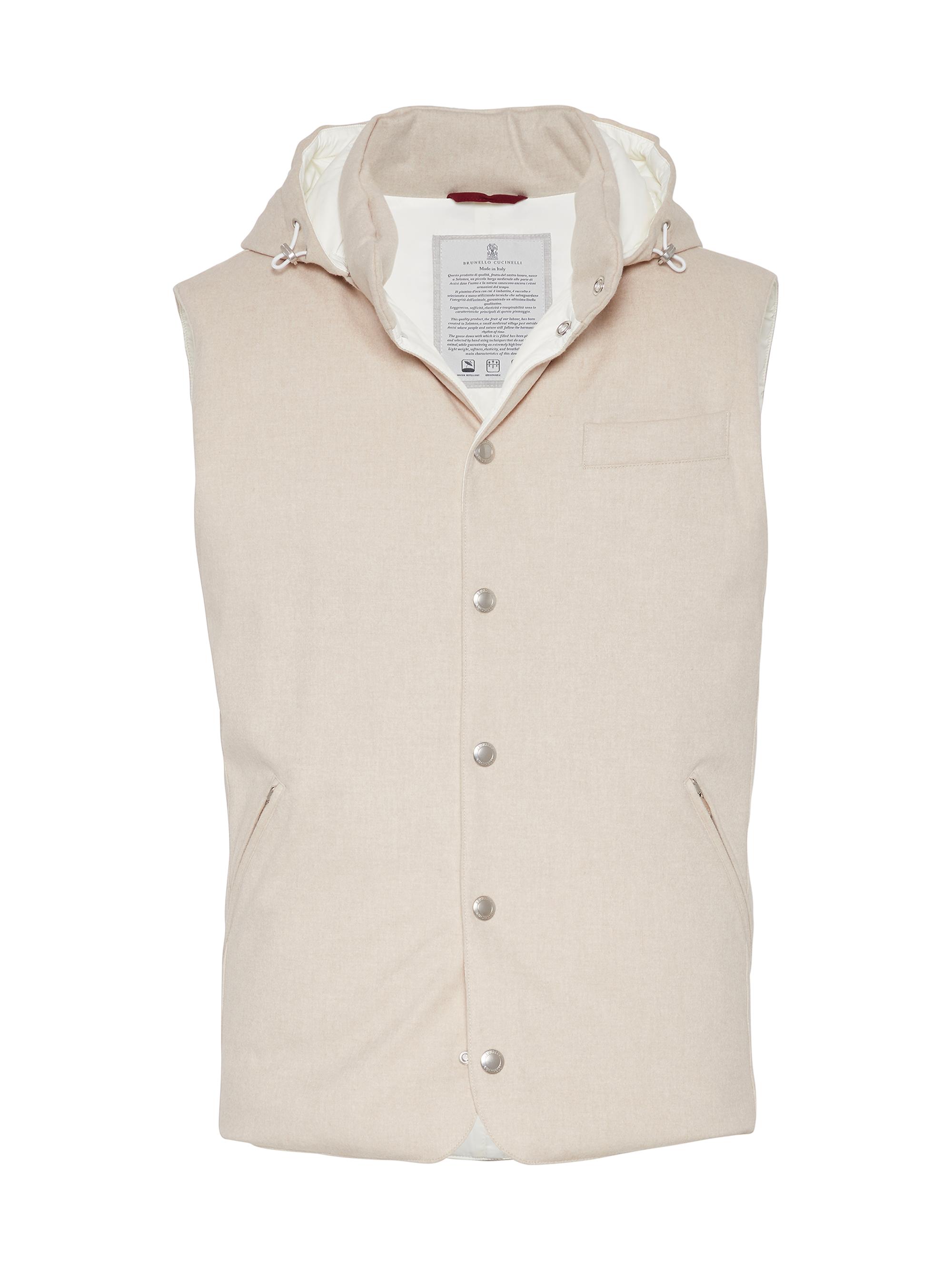 Brunello Cucinelli Men's Bonded Wool Flannel Down Vest with Detachable Hood - Sand