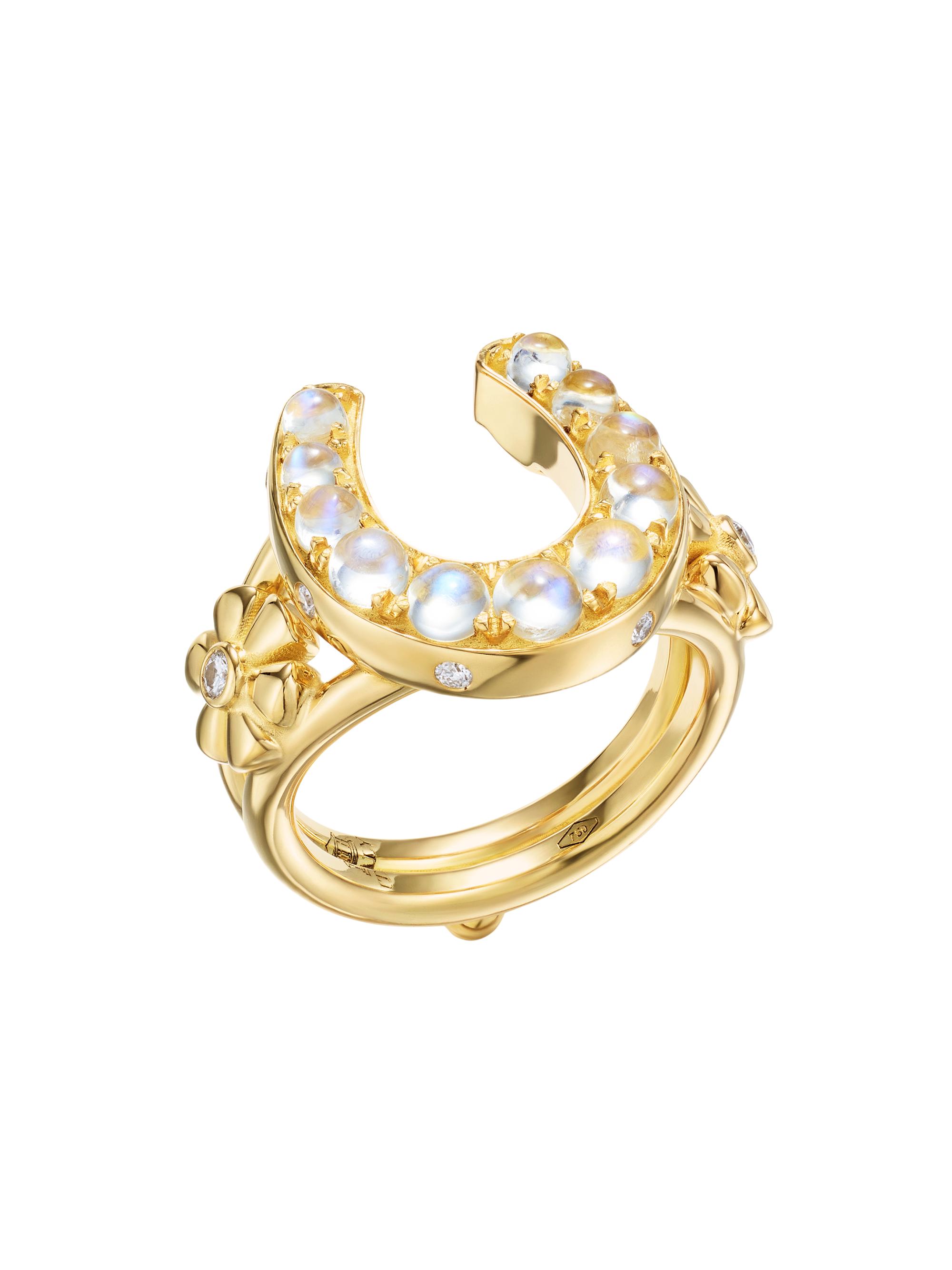 Temple St. Clair Women's Horseshoe 18K Yellow Gold, Blue Moonstone & 0.14 TCW Diamond Ring - Yellow Gold