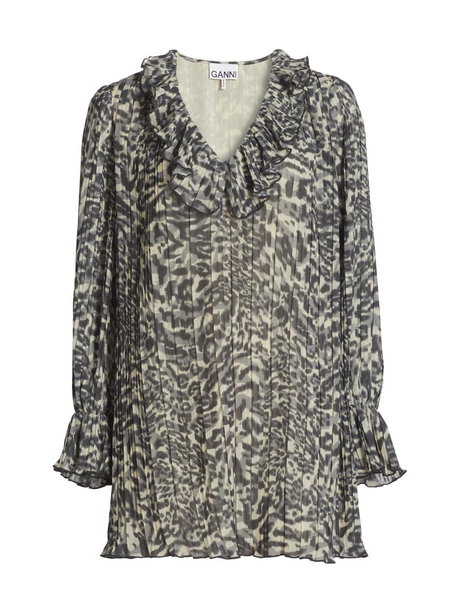 Ganni Animal-Print Georgette V-Neck Minidress | Saks Fifth