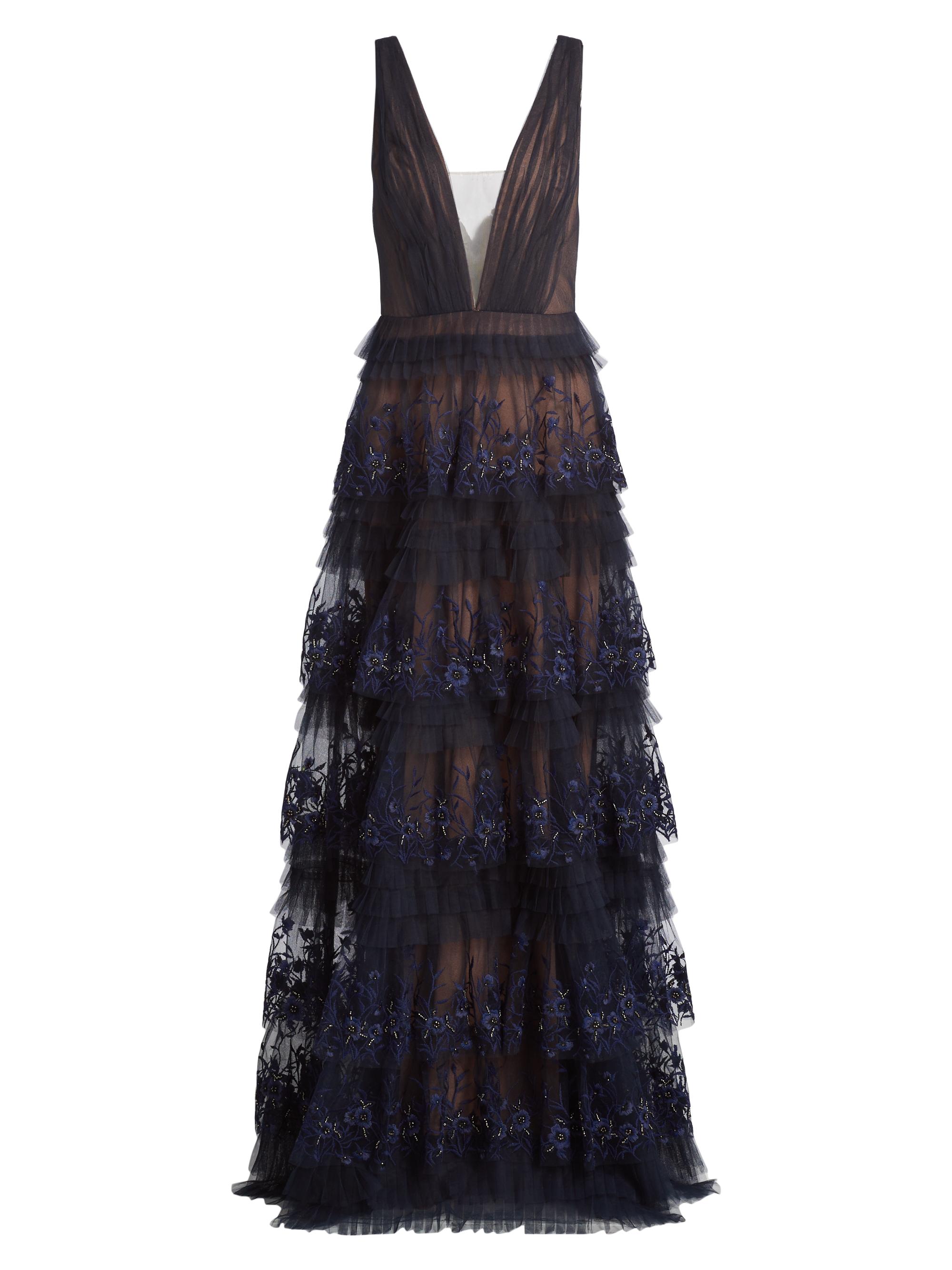 Marchesa Notte Tulle Floral-Embroidered Tiered Gown | Saks Fifth