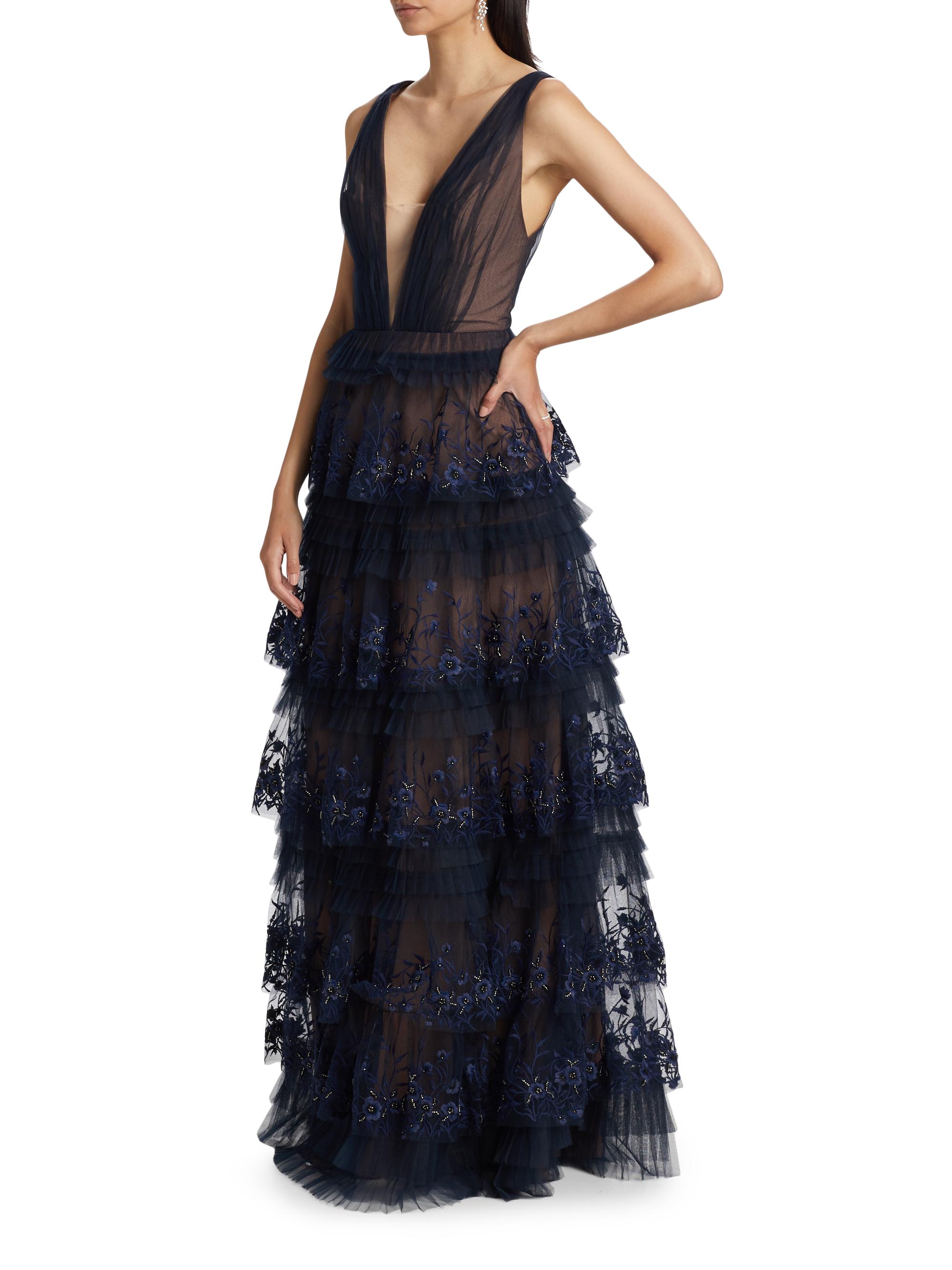 Marchesa Notte Tulle Floral-Embroidered Tiered Gown | Saks Fifth