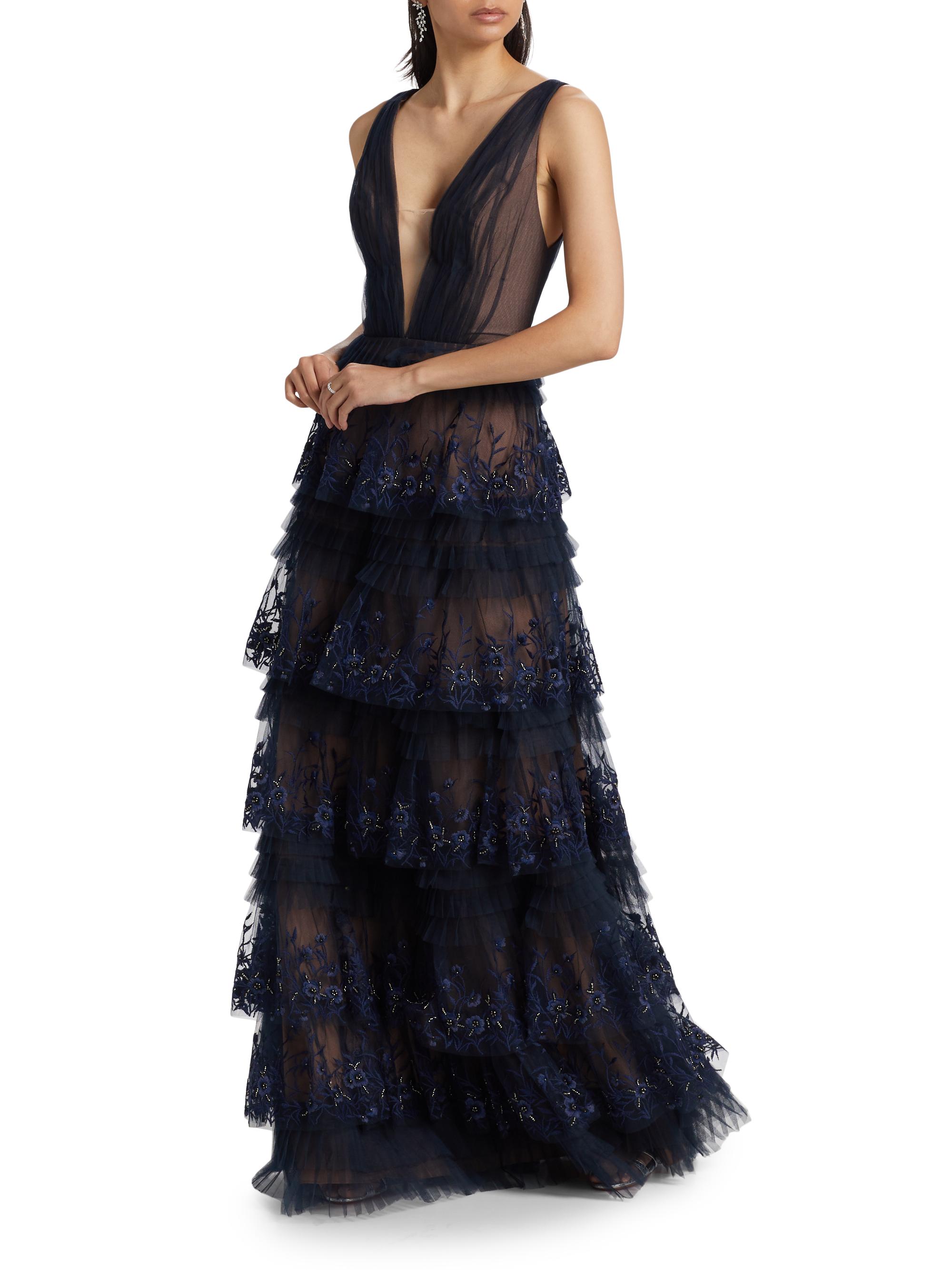 Marchesa Notte Tulle Floral-Embroidered Tiered Gown | Saks Fifth