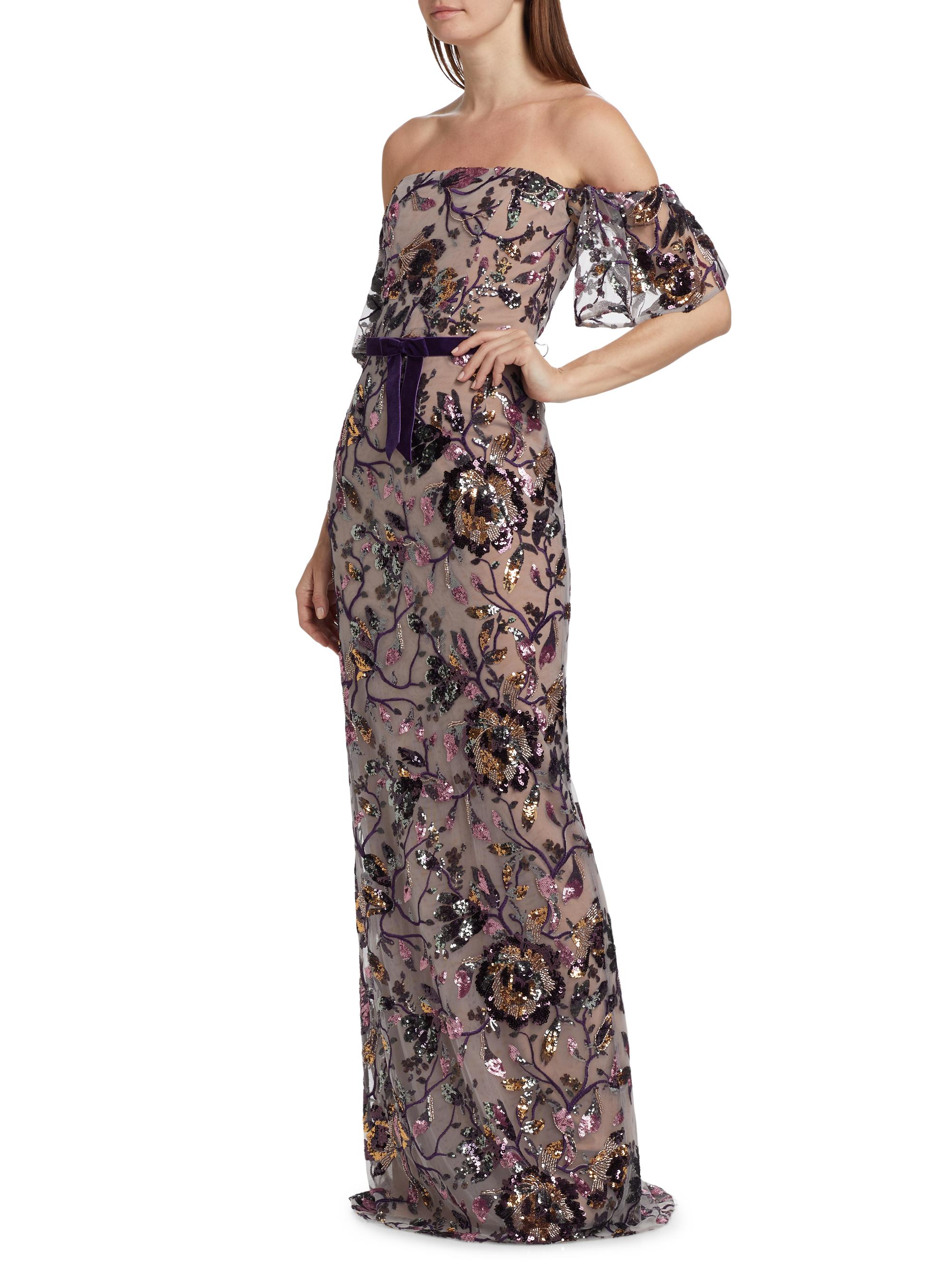 Marchesa Notte Floral Sequin Off-the-Shoulder Gown | Saks Fifth Avenue