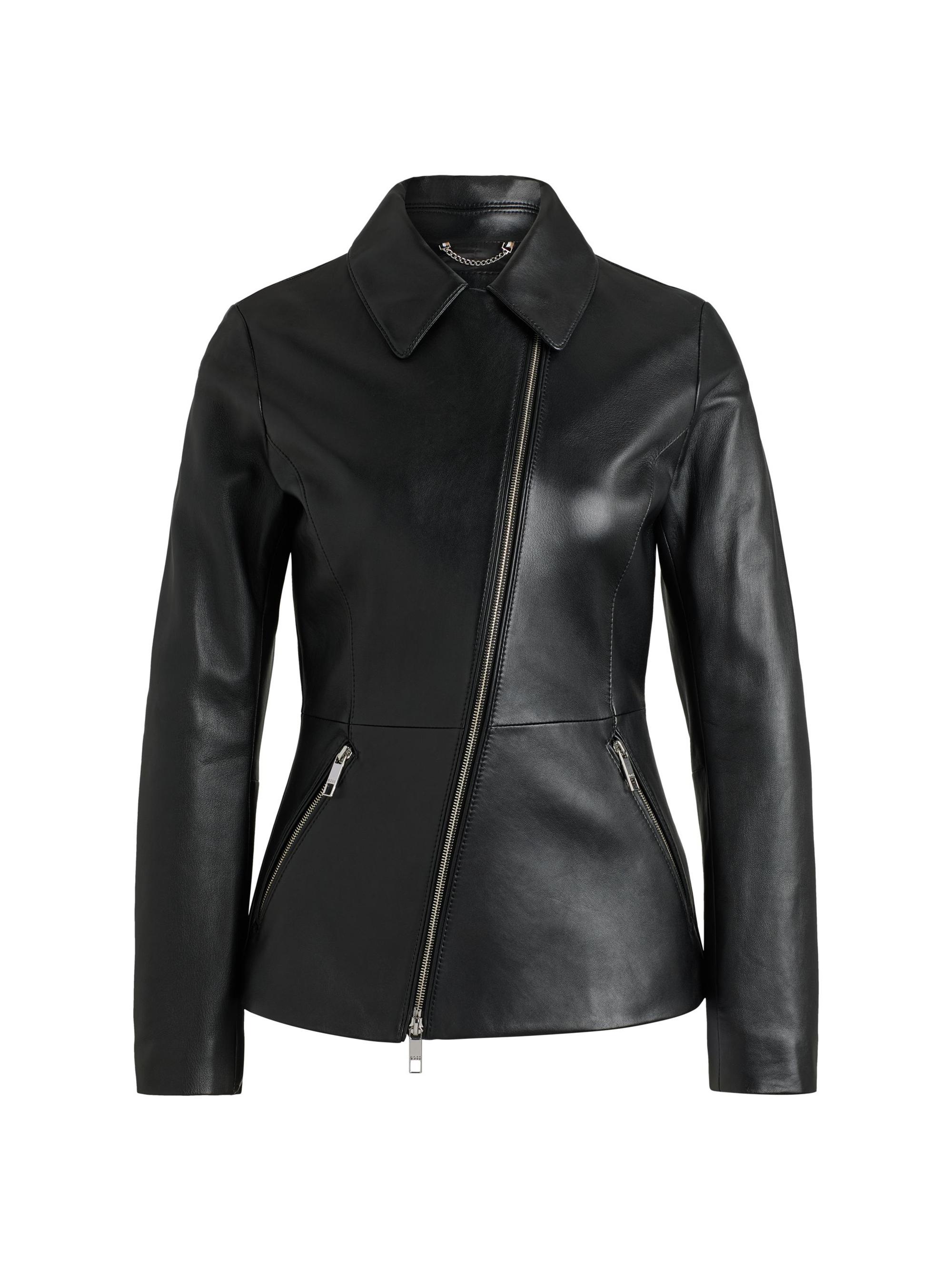 BOSS Women's Leather Jacket with Asymmetric Two-Way Zip - Black