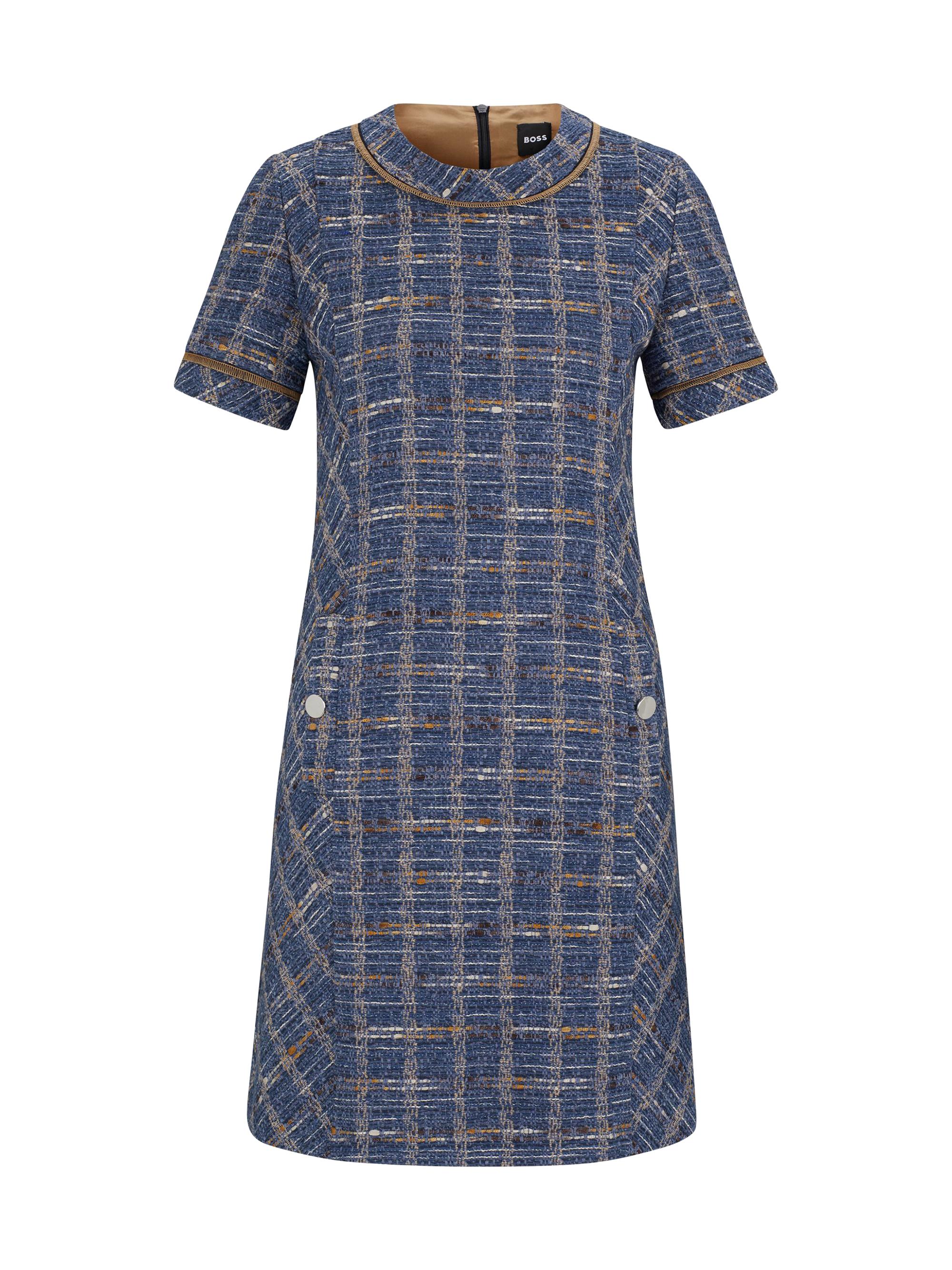 BOSS Women's Dress in Tweed Check with Hardware Buttons - Blue Patterned