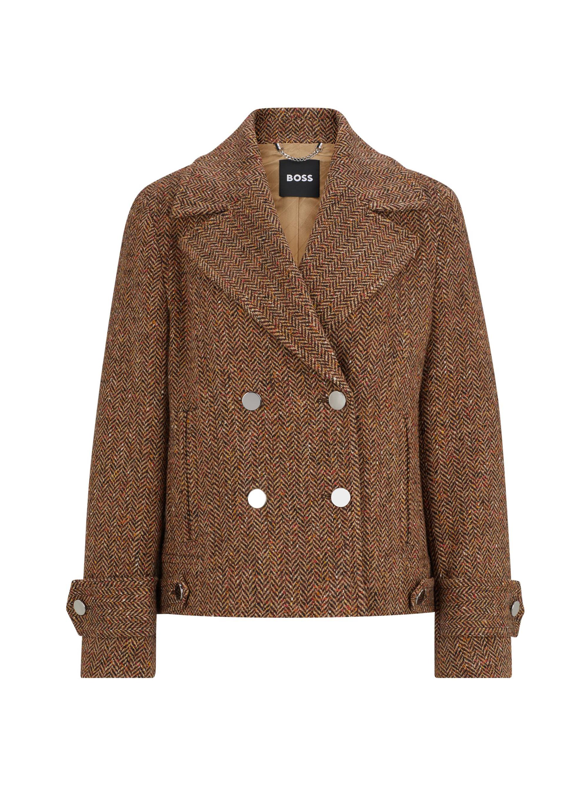 BOSS Women's Regular Fit Double Breasted Coat in Herringbone Tweed - Brown