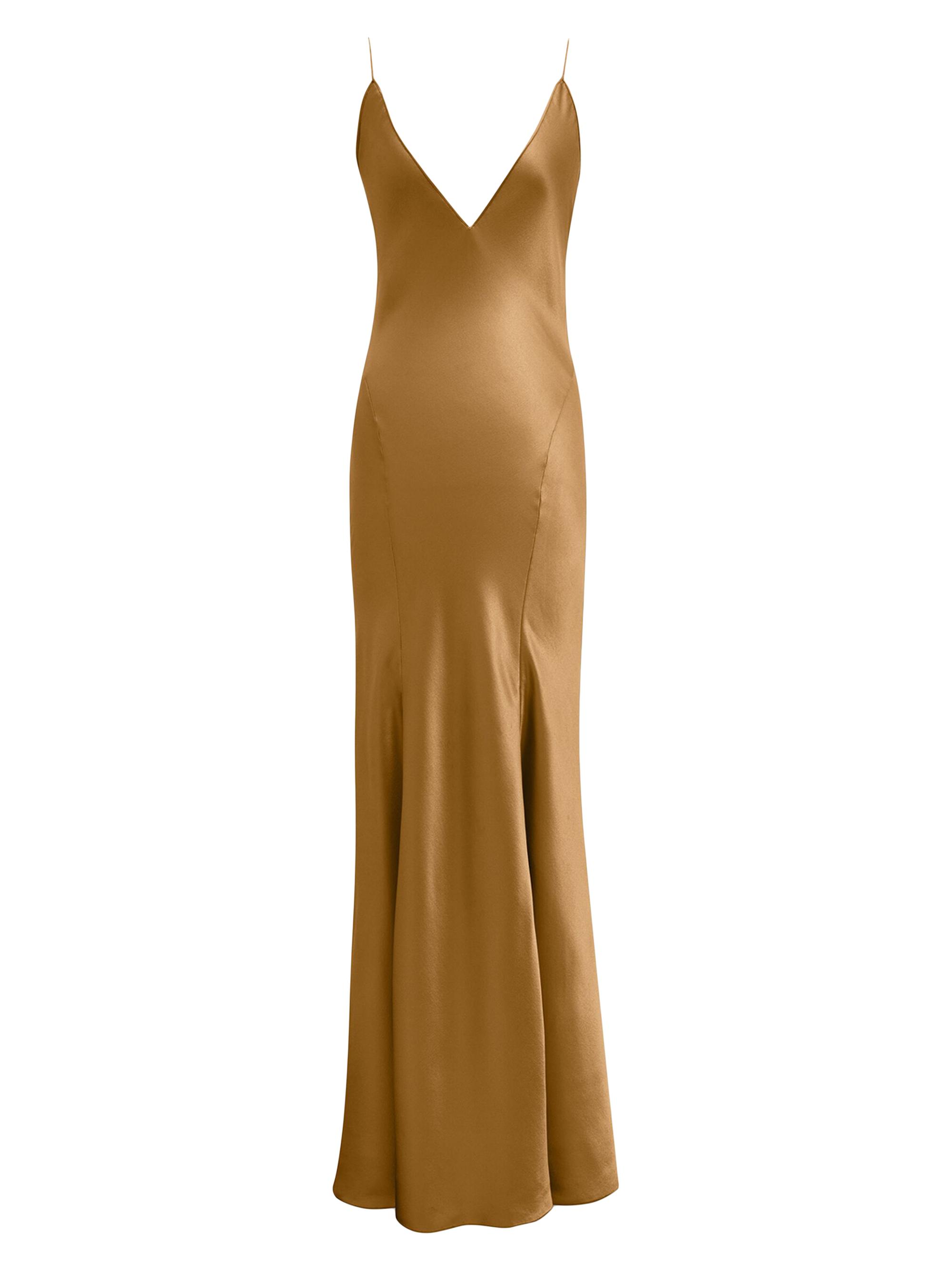 Saint Laurent Women's V-Neck Dress in Silk Satin - Ocre Brown