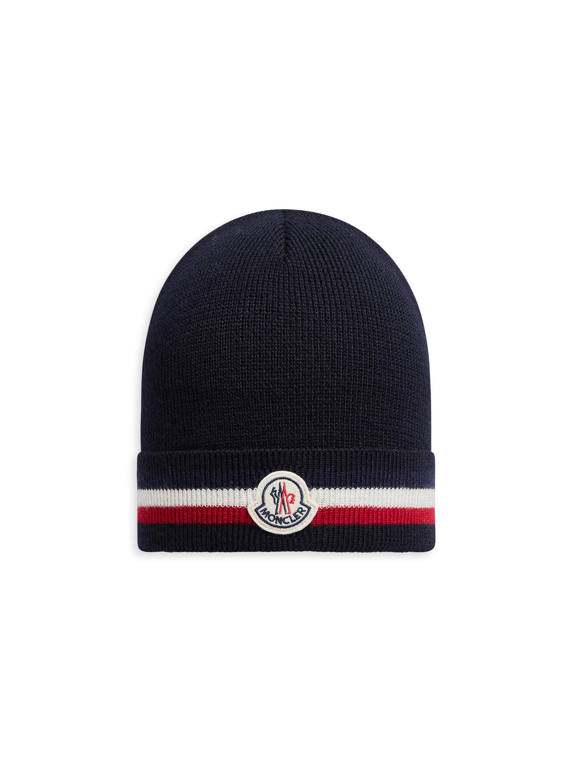Moncler Men's Logo Patch Striped Wool Beanie - Navy Blue