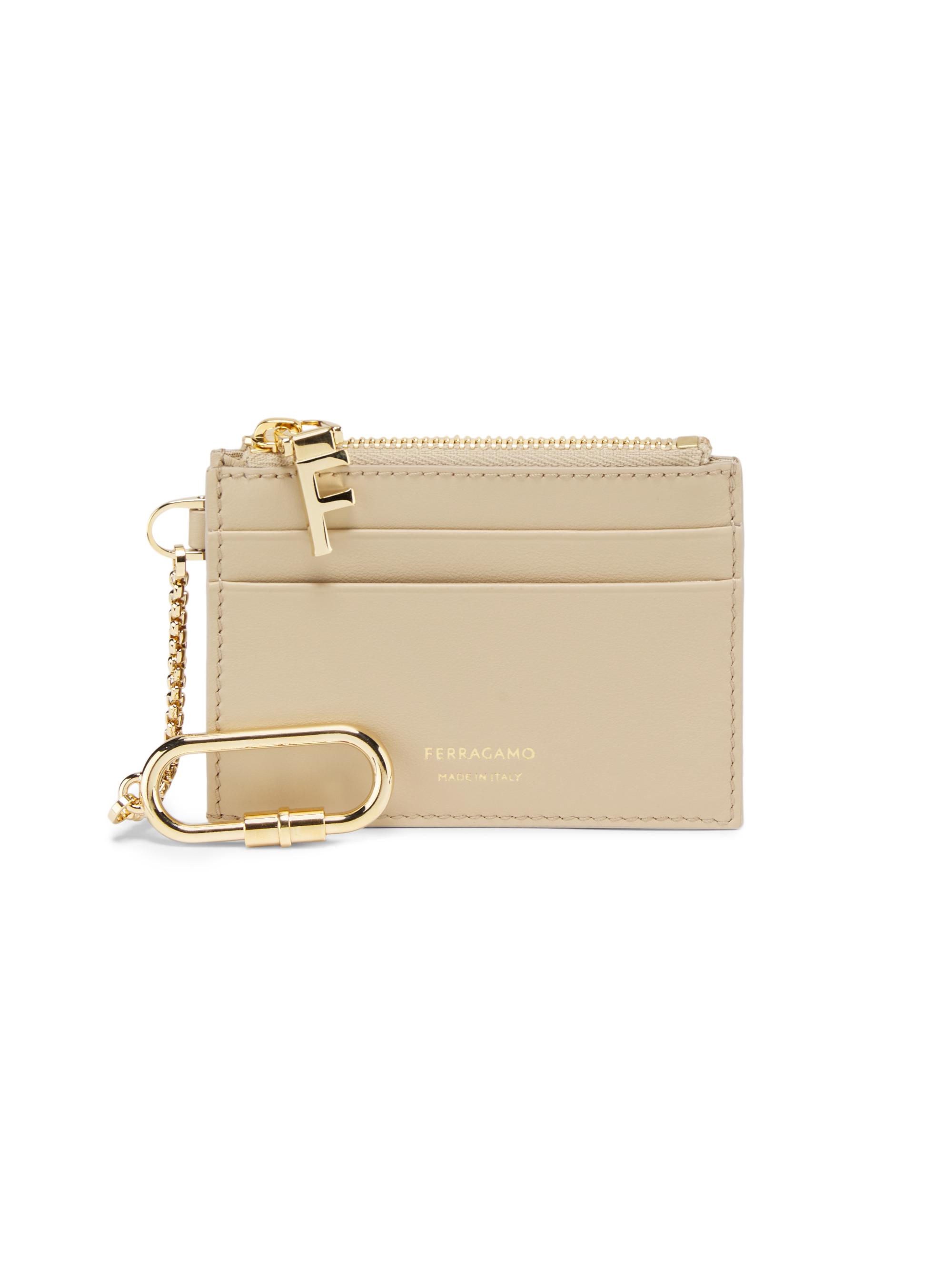 FERRAGAMO Women's Zippered Leather Card Holder - Stone