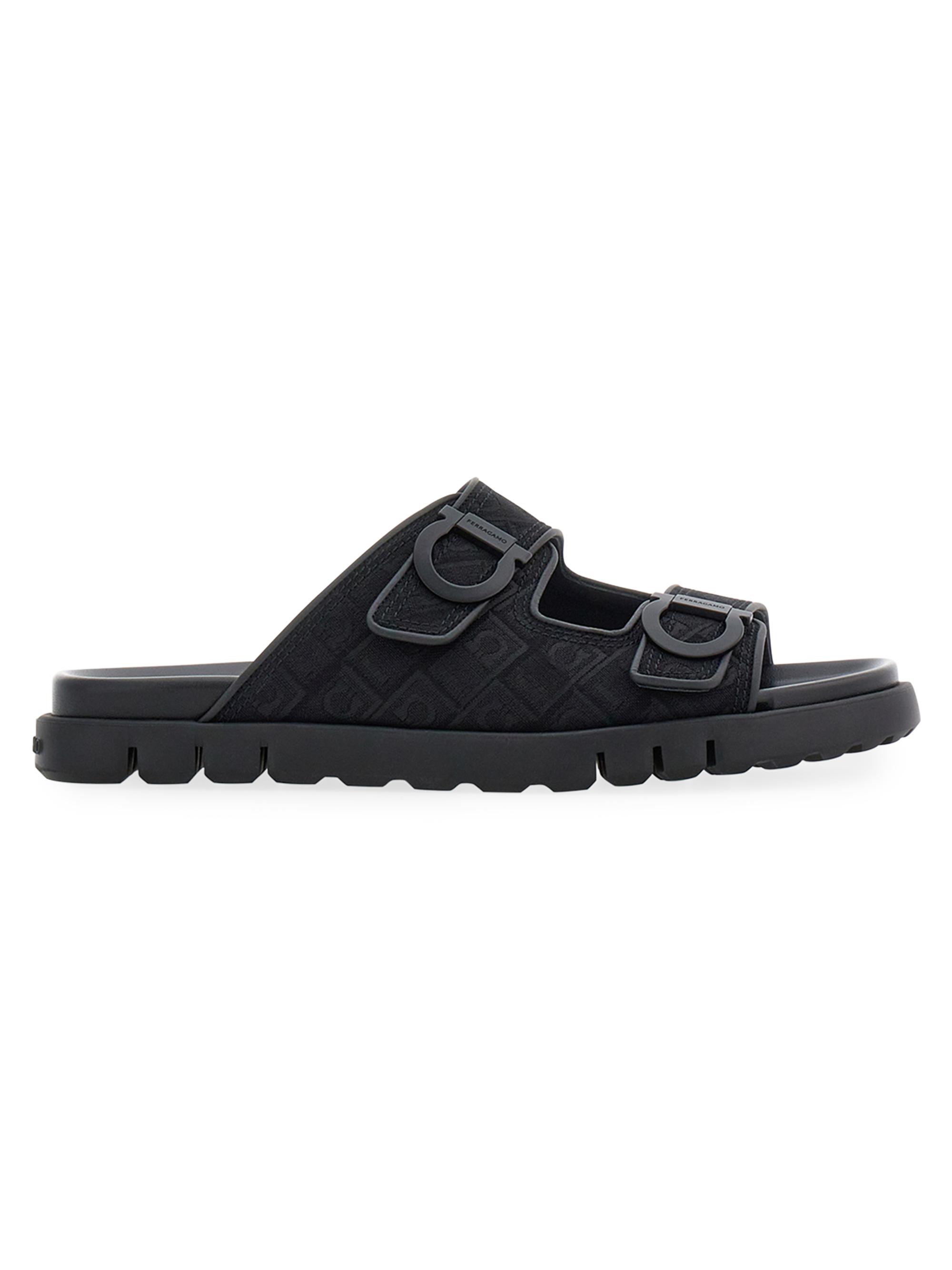FERRAGAMO Men's Colly Dual-Buckle Gancio Slide Sandals - Nero