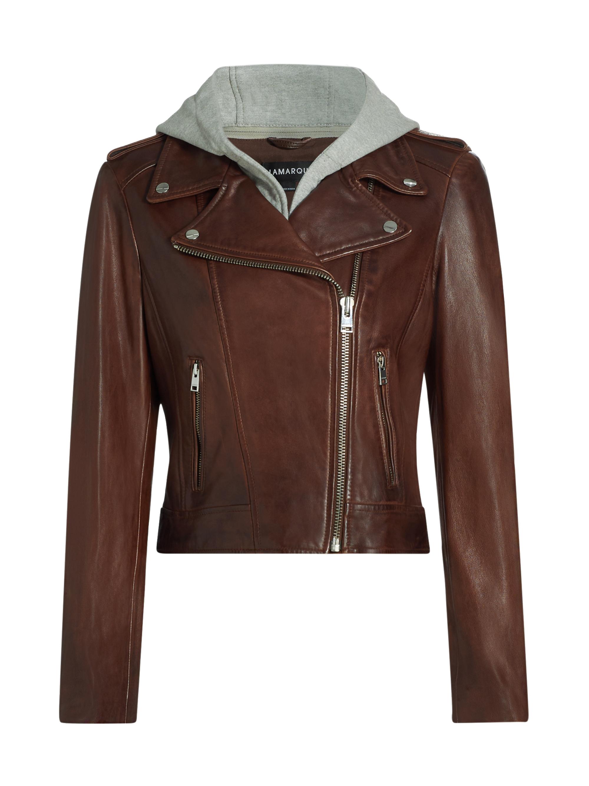 Lamarque Women's Holy Leather Hooded Biker Jacket - Chocolate Brown