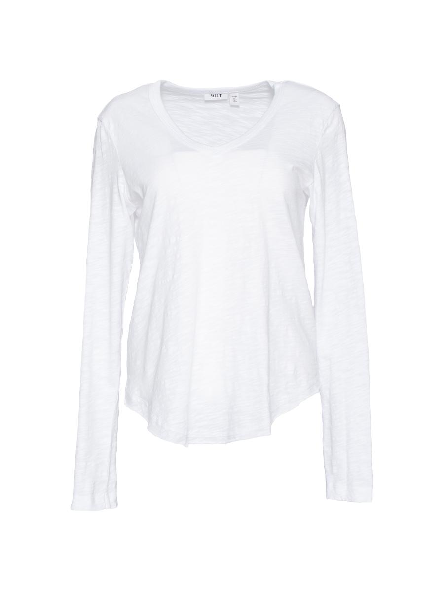 Wilt Women's Long Sleeve V-neck Raw Hem Shirttail In White