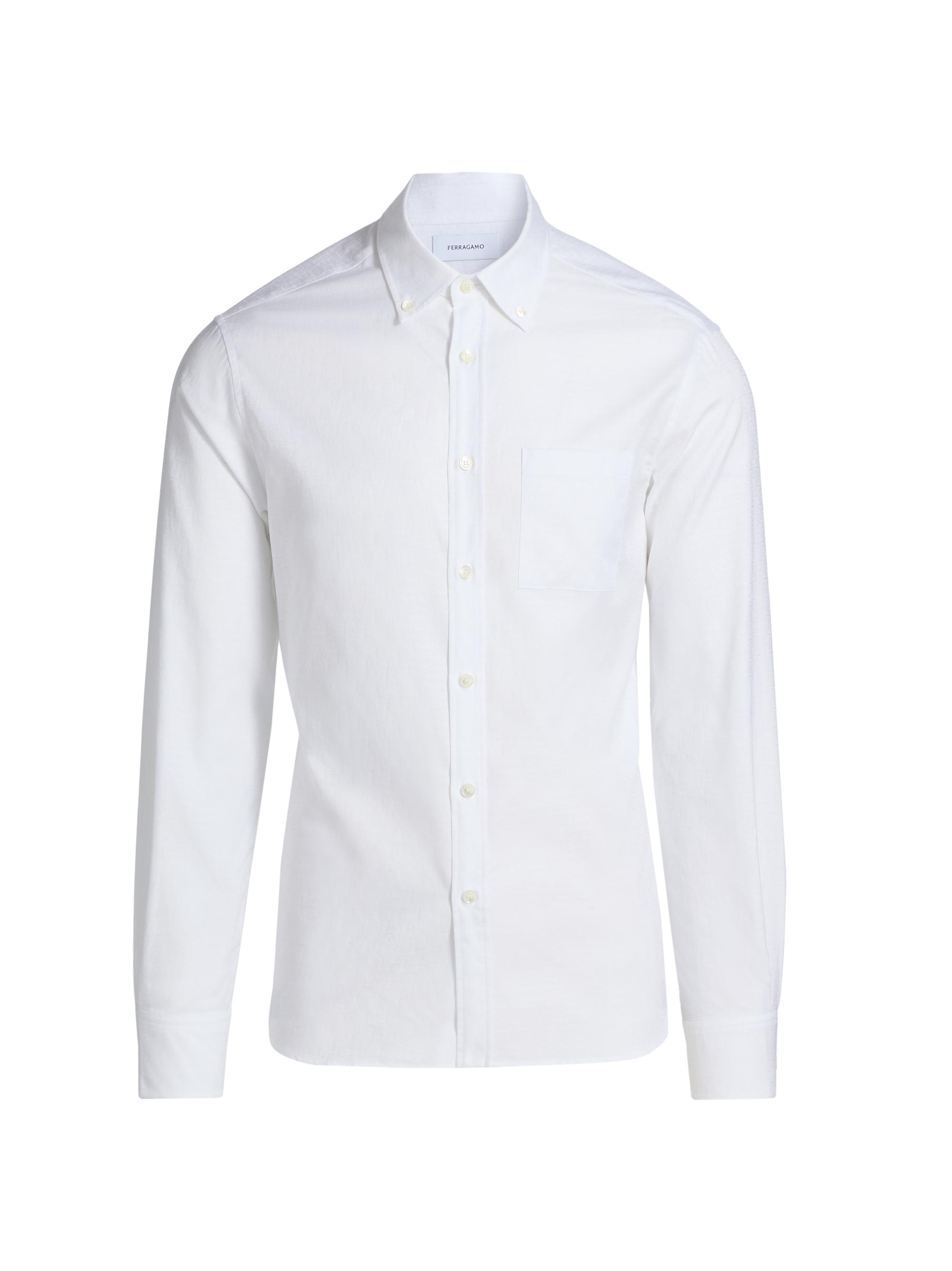 FERRAGAMO Men's Monogram Cotton Button-Down Oxford Shirt - White