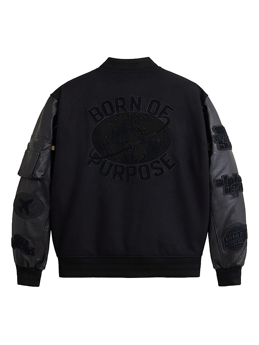 Shop Alpha Industries MA-1 Leather Sleeve Varsity Jacket Shop Alpha Industries MA-1 Leather Sleeve Varsity Jacket