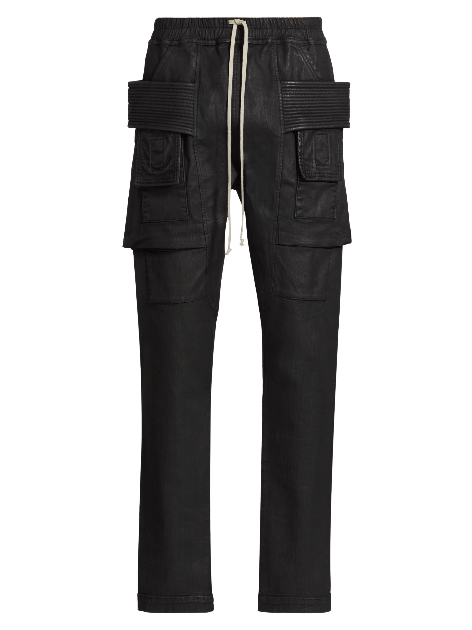 DRKSHDW by Rick Owens Men's Coated Denim Drawstring Cargo Jeans - Black Wax
