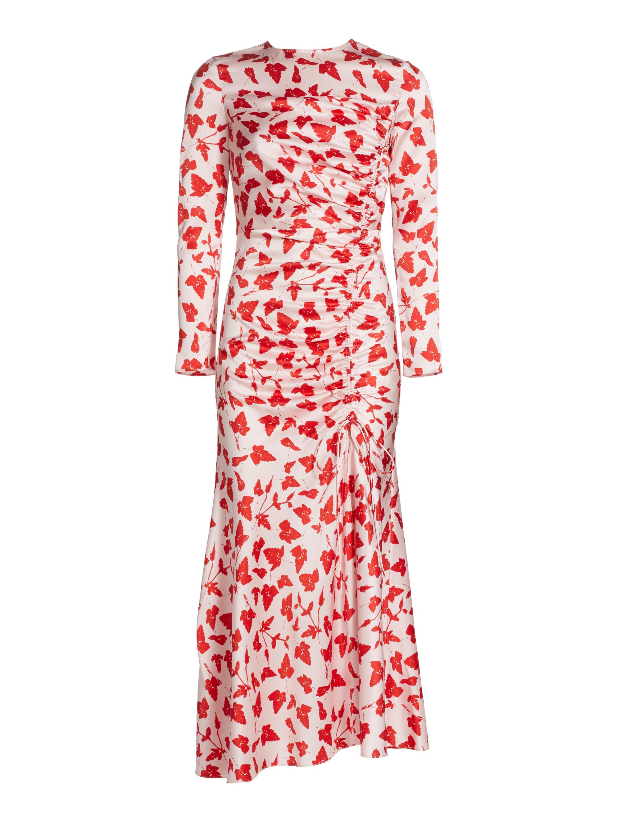 Alejandra Alonso Rojas Women's Leaf Silk Ruched Dress - Red Pink Leaf Print