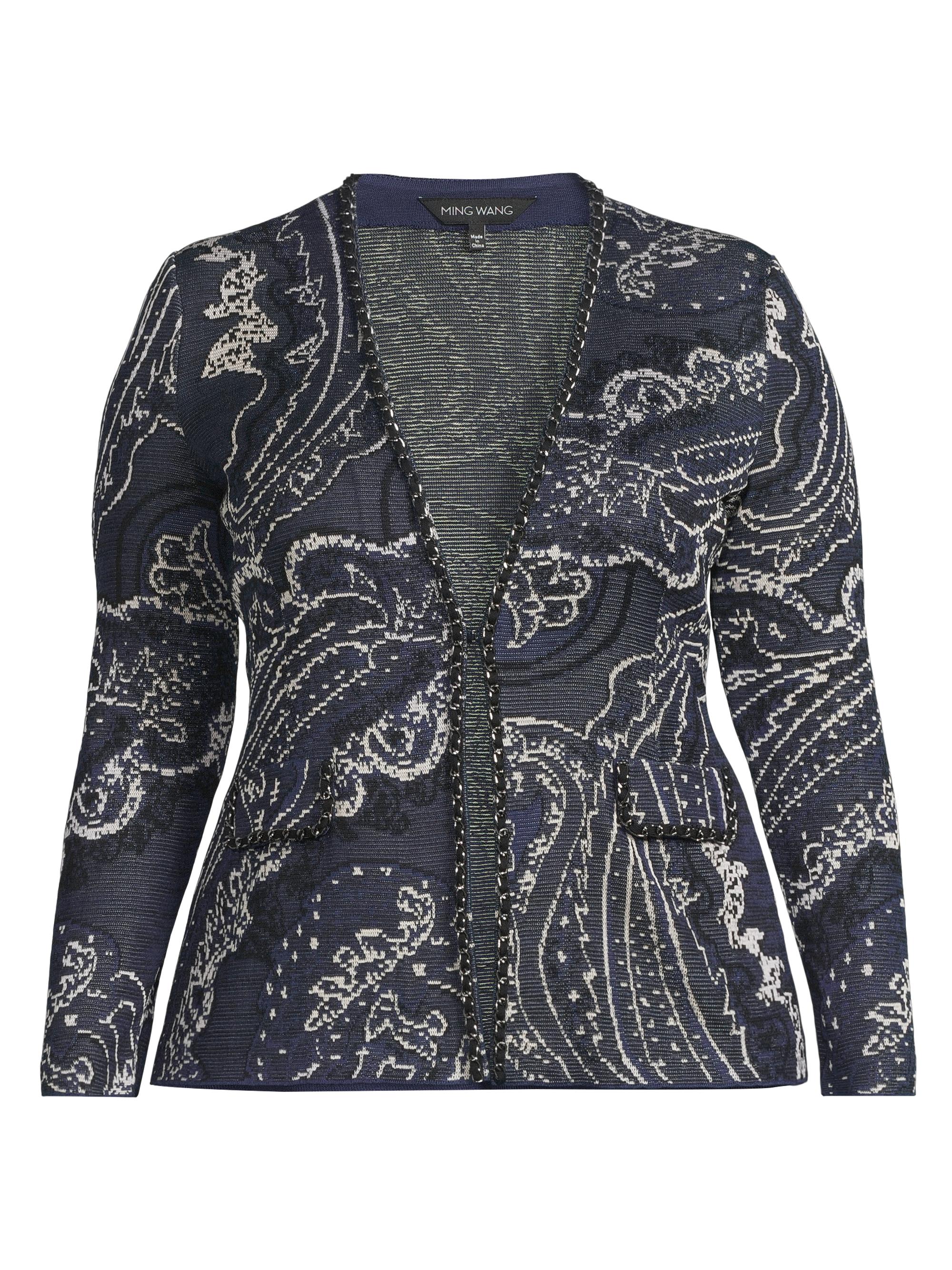 Ming Wang Women's Plus Paisley Knit V-Neck Jacket - Regatta Limestone Black