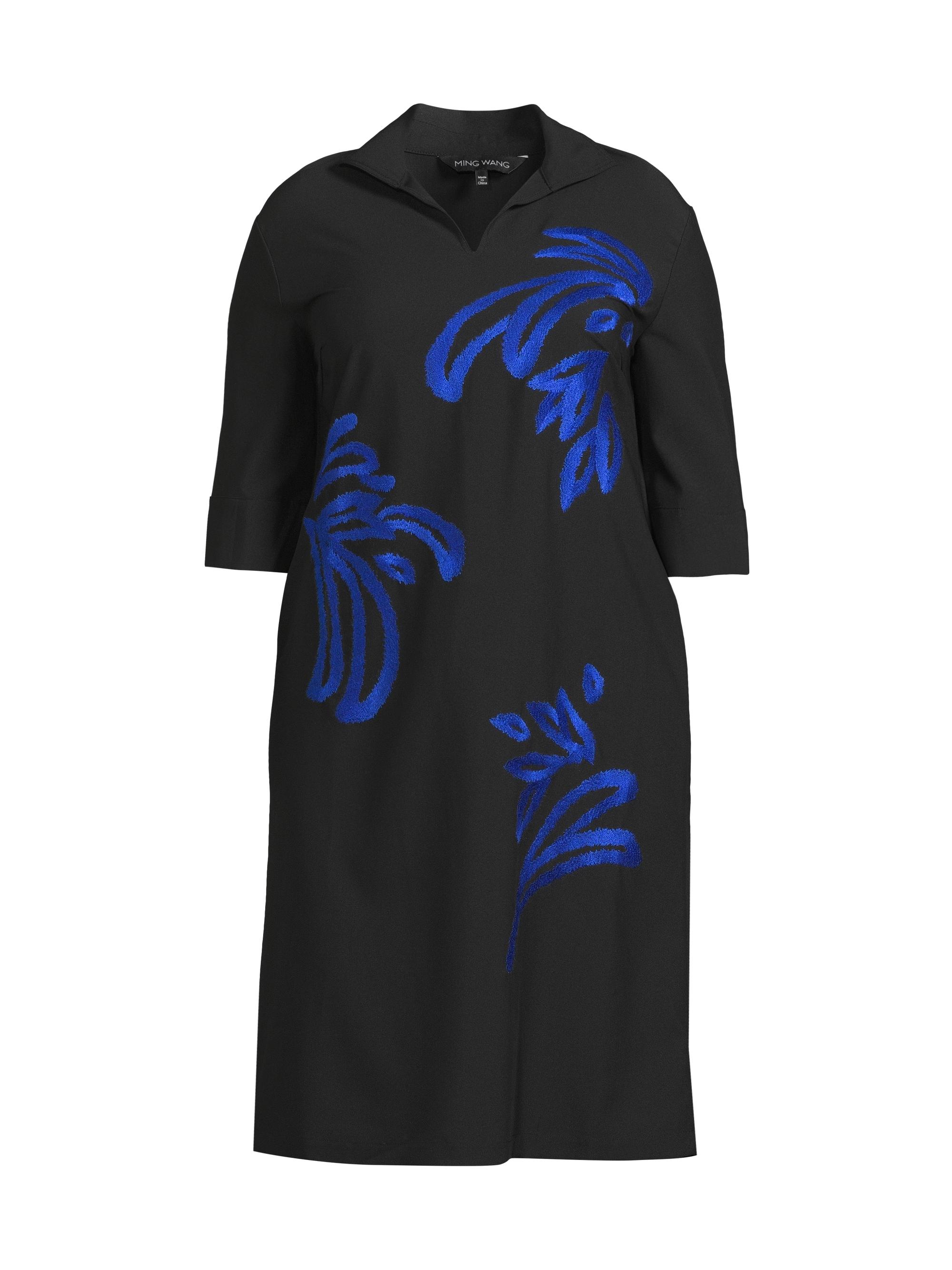 Ming Wang Women's Embroidered Twill Shift Dress - Black Gentian Blue