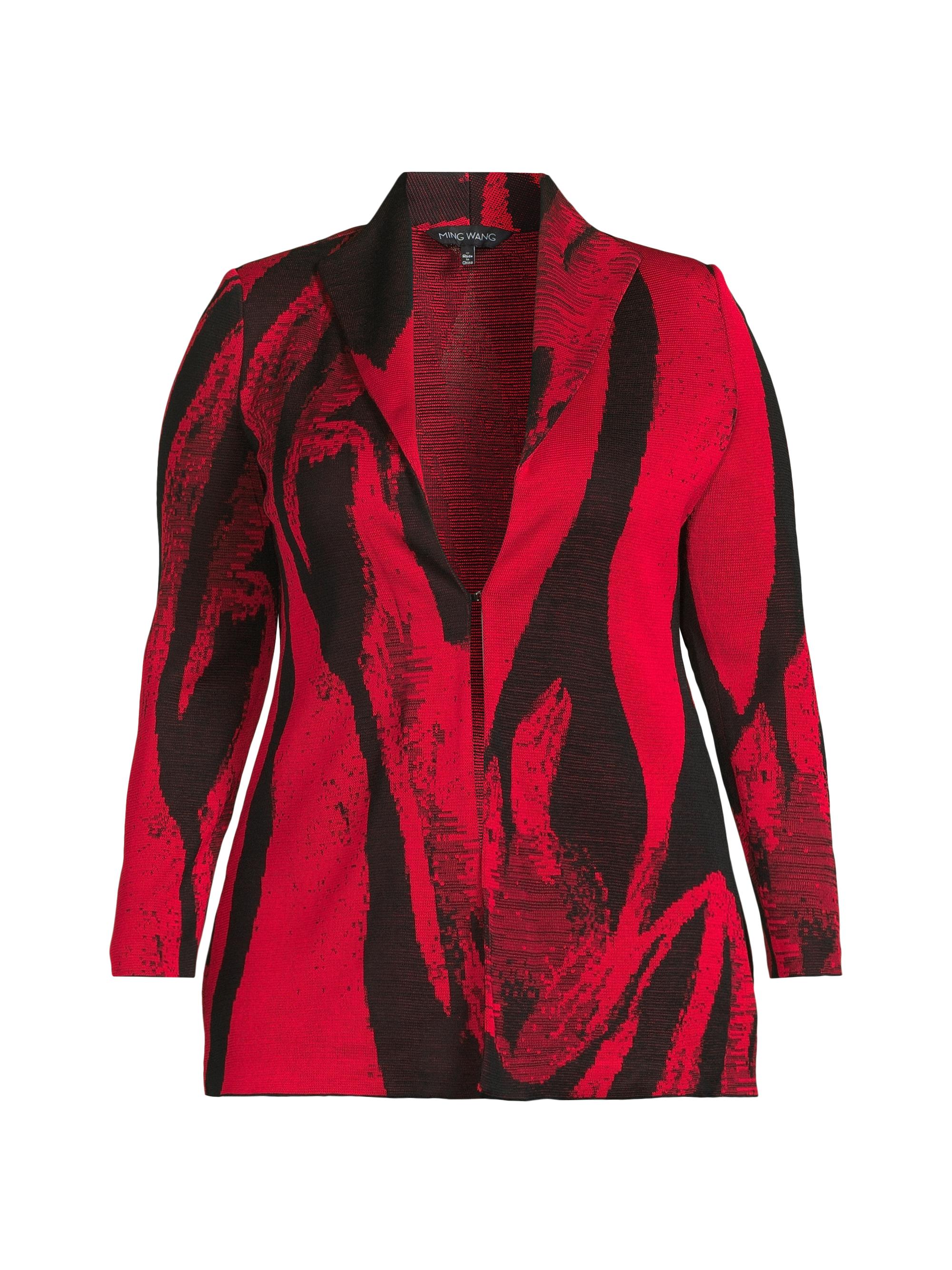 Ming Wang Women's Plus Size Abstract Jacquard Long-Sleeve Jacket - Dusk Red Black