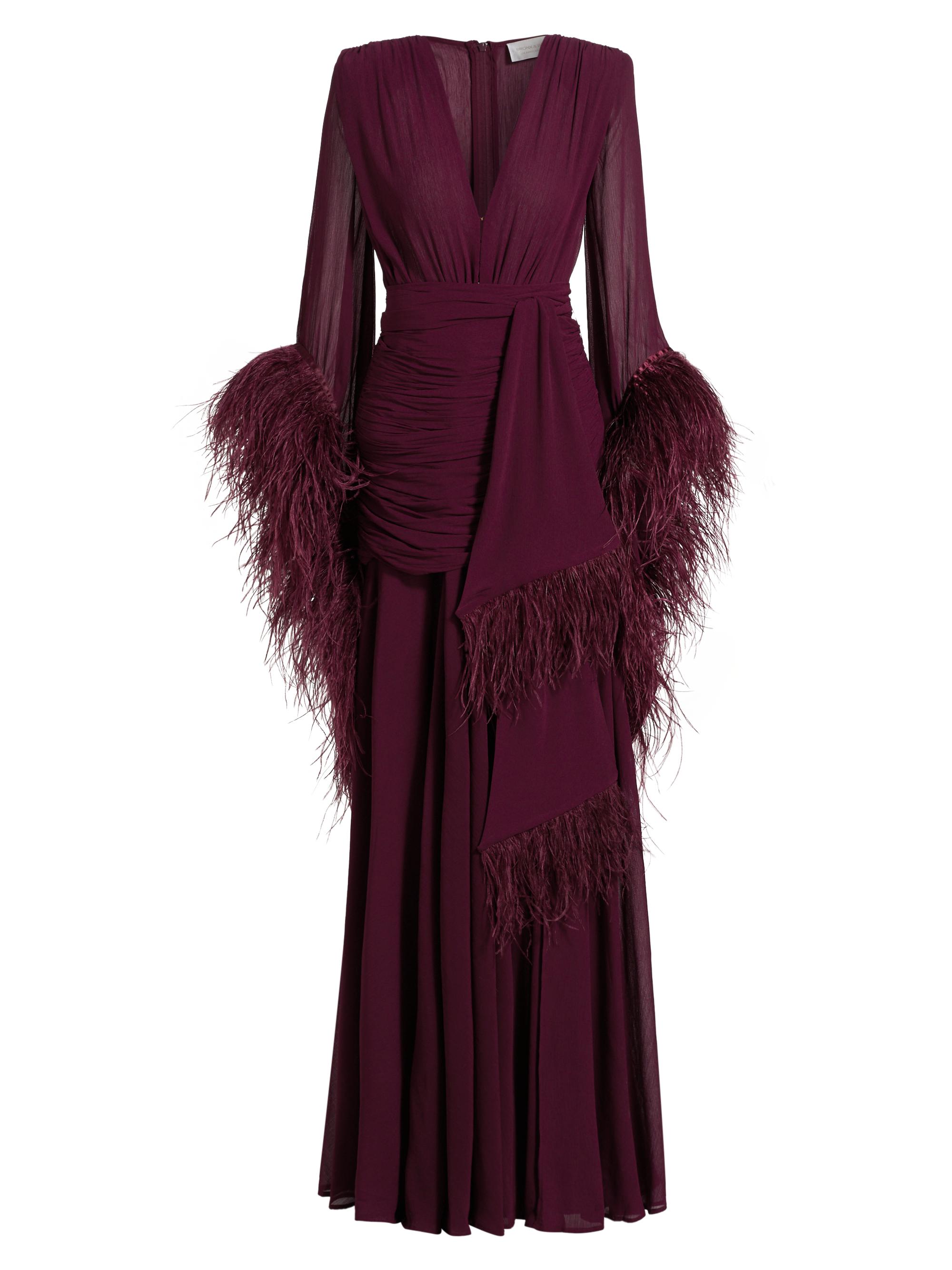 Bronx and Banco Women's Geisha Feather-Cuff Silk-Blend Gown - Burgundy