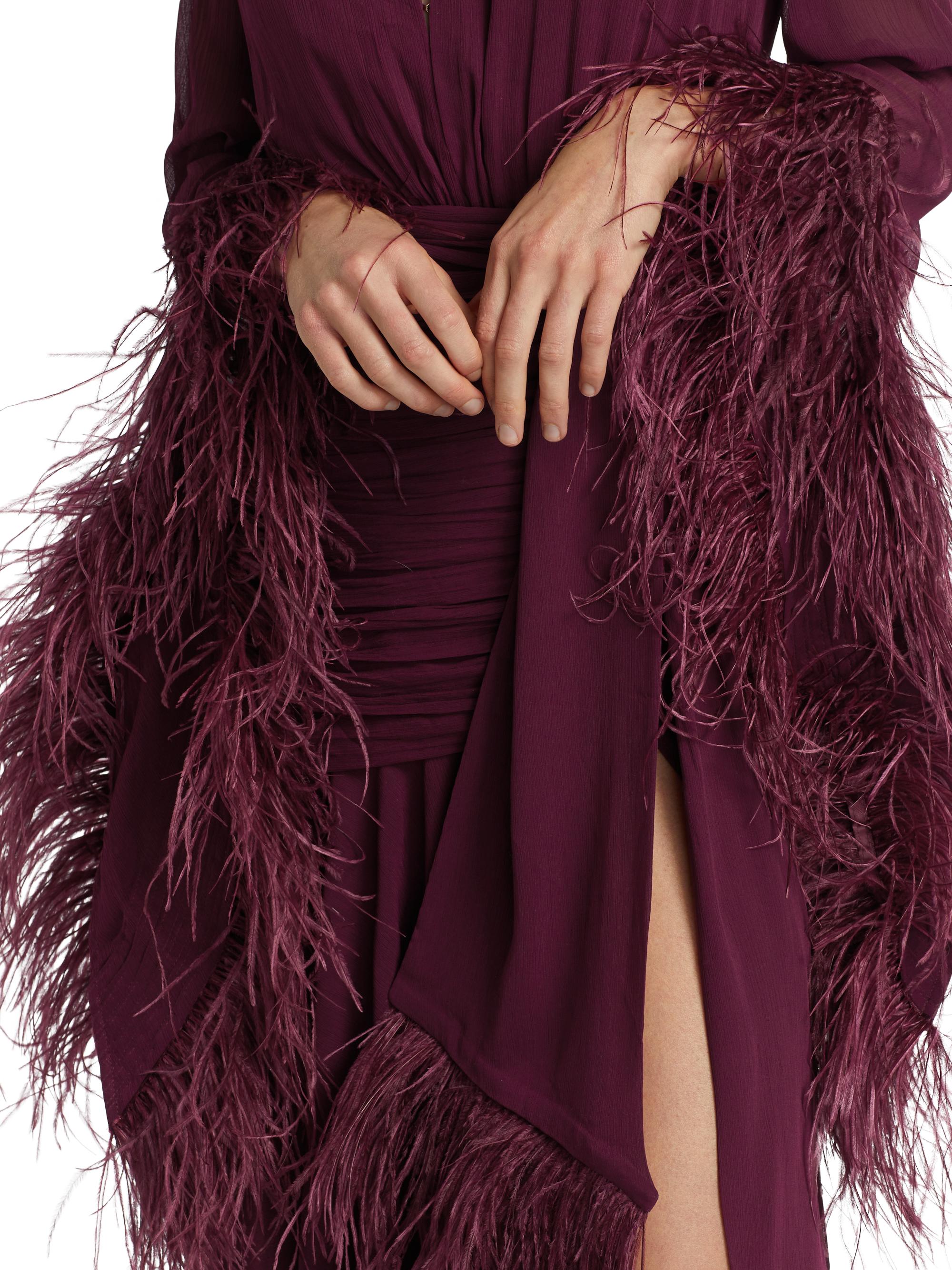Bronx Banco Geisha Feather-Cuff Silk-Blend Gown | Saks Fifth Avenue