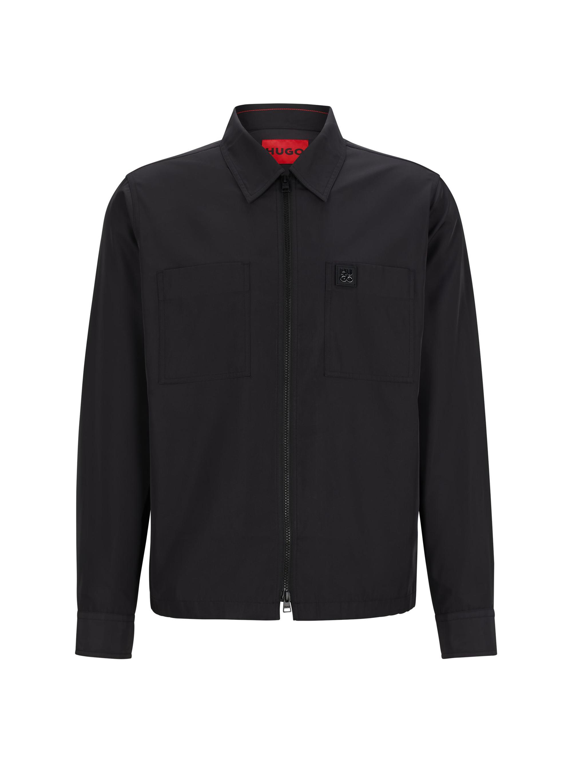HUGO Men's Oversized-Fit Zip-Up Shirt - Black